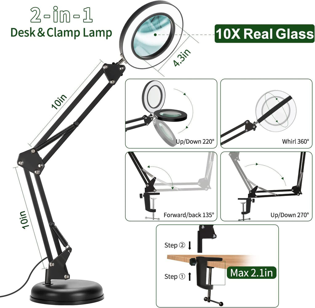 10X Magnifying Lamp with Light LED 2-in-1 Desk Lamp and Clamp Magnifier