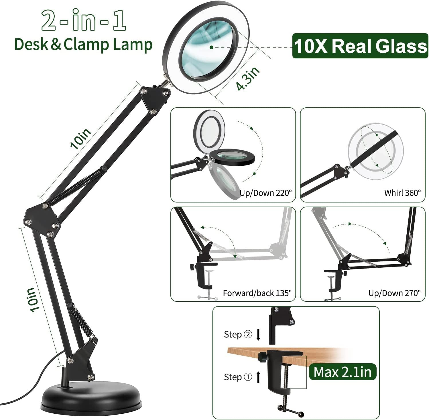 10X Magnifying Lamp with Light LED 2-in-1 Desk Lamp and Clamp Magnifier