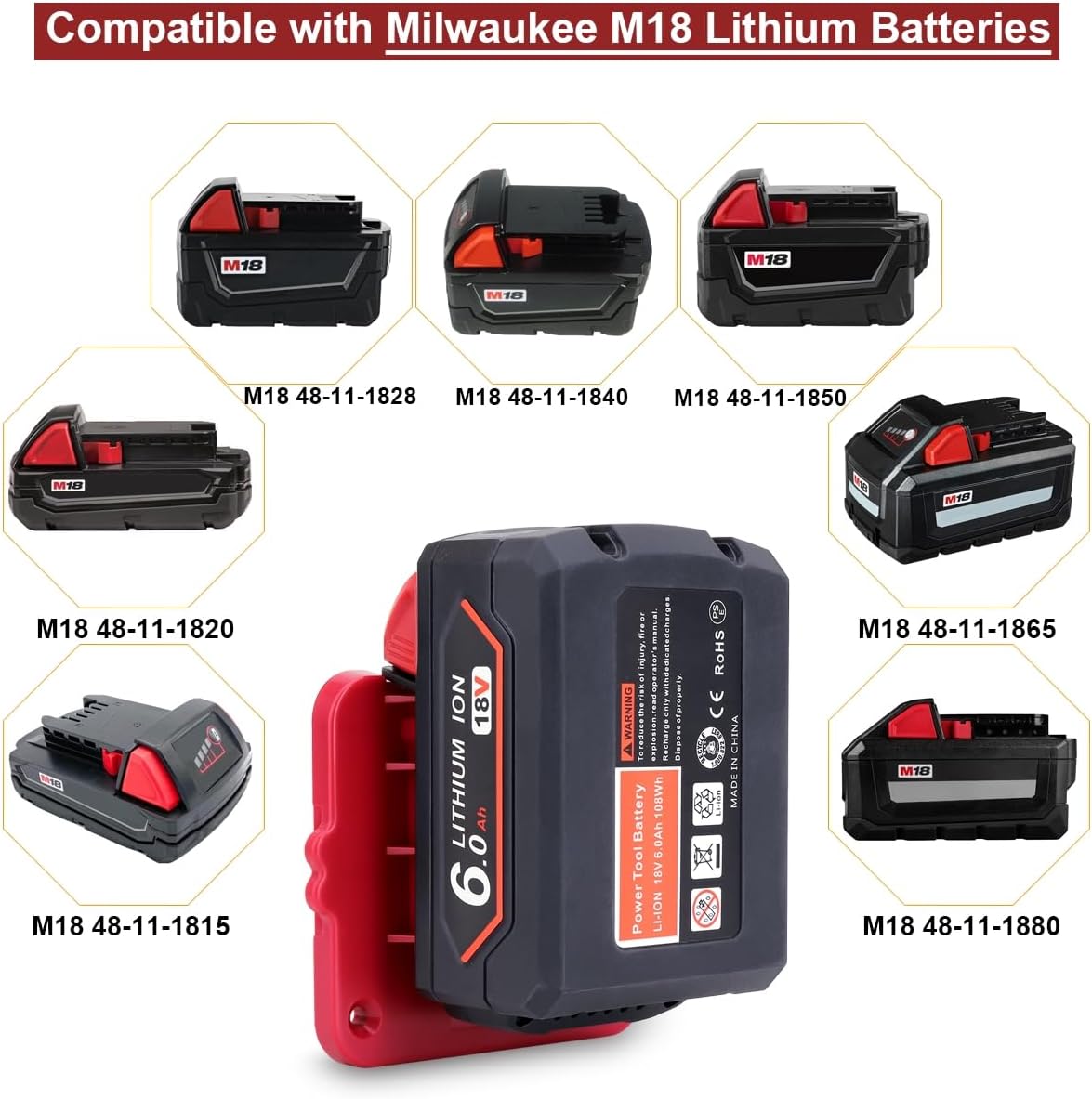6Pcs Wall Mount Battery Holders for Milwaukee M18 [Red]