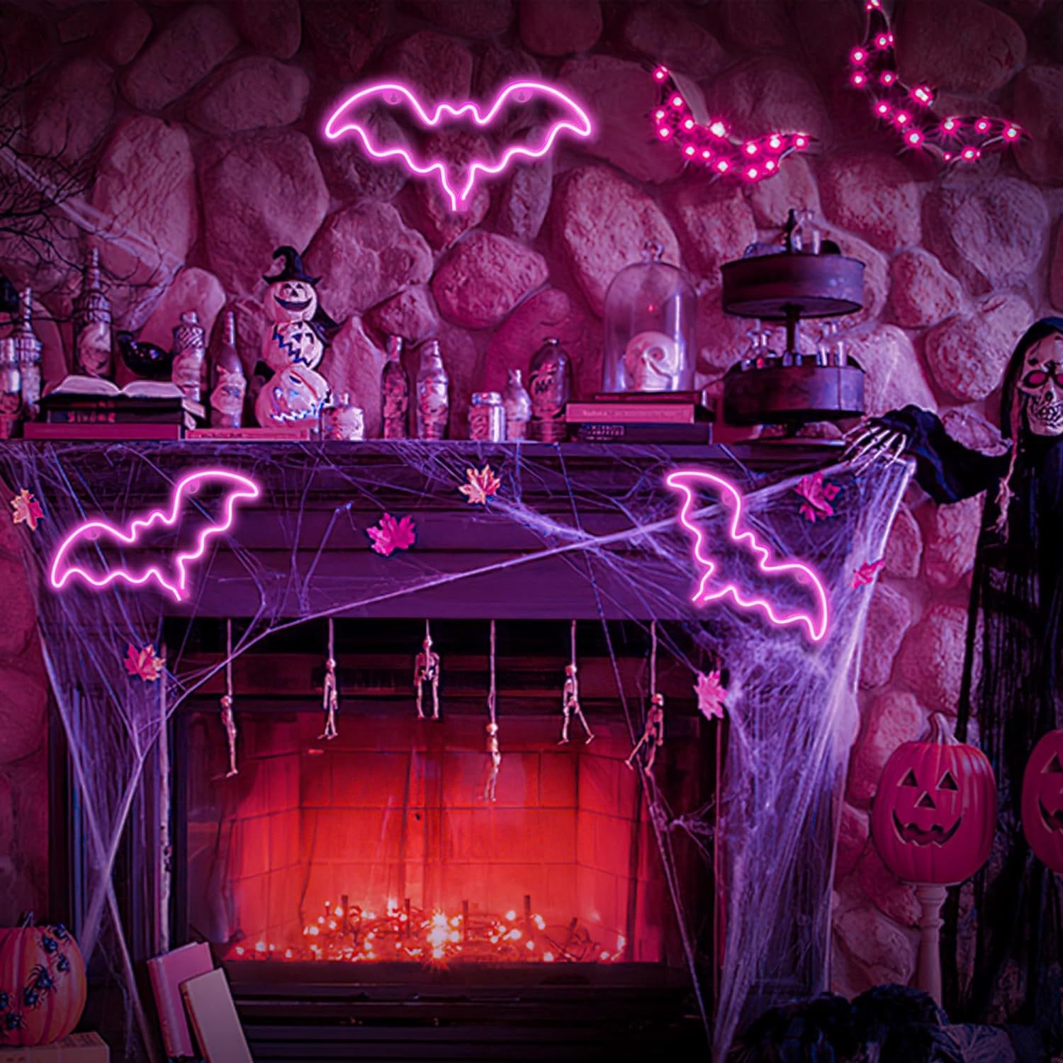 Pink Bat LED Neon Sign USB Battery Halloween Wall Light Bedroom Gaming Room Decor