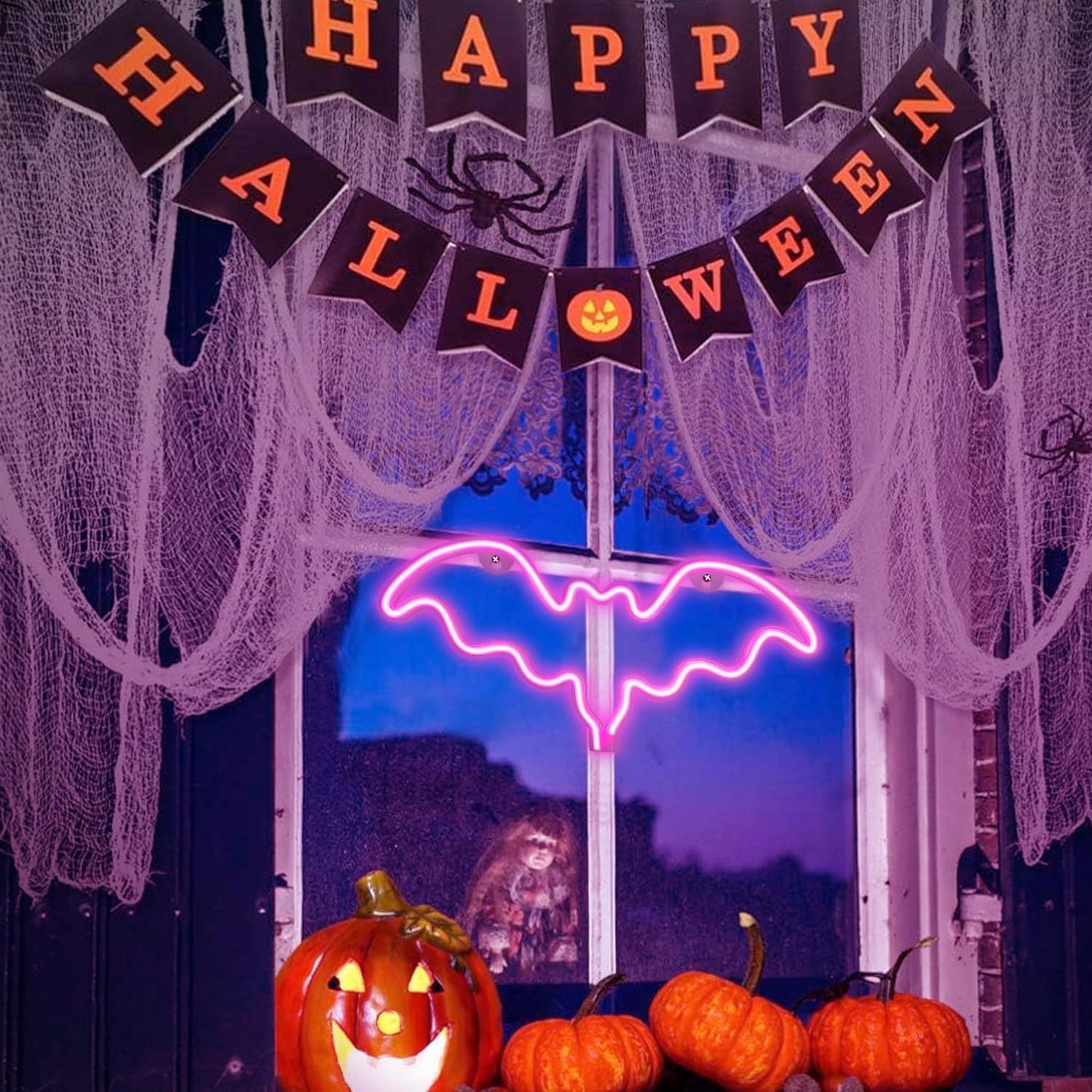 Pink Bat LED Neon Sign USB Battery Halloween Wall Light Bedroom Gaming Room Decor