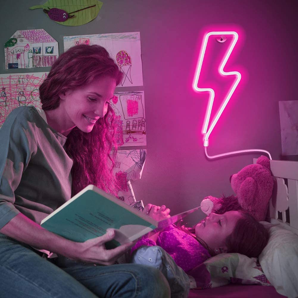Pink Lightning Bolt LED Neon Sign USB Battery Wall Light Bedroom Gaming Room Decor