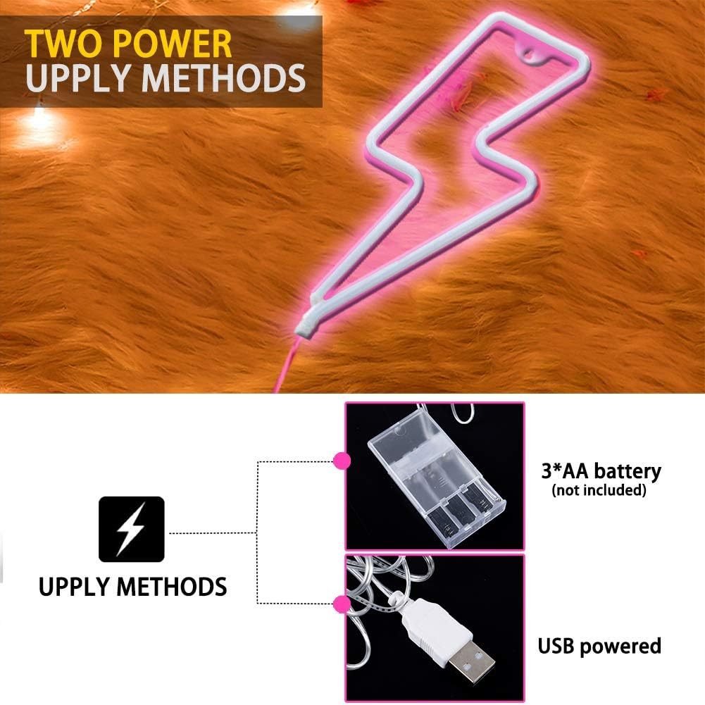 Pink Lightning Bolt LED Neon Sign USB Battery Wall Light Bedroom Gaming Room Decor