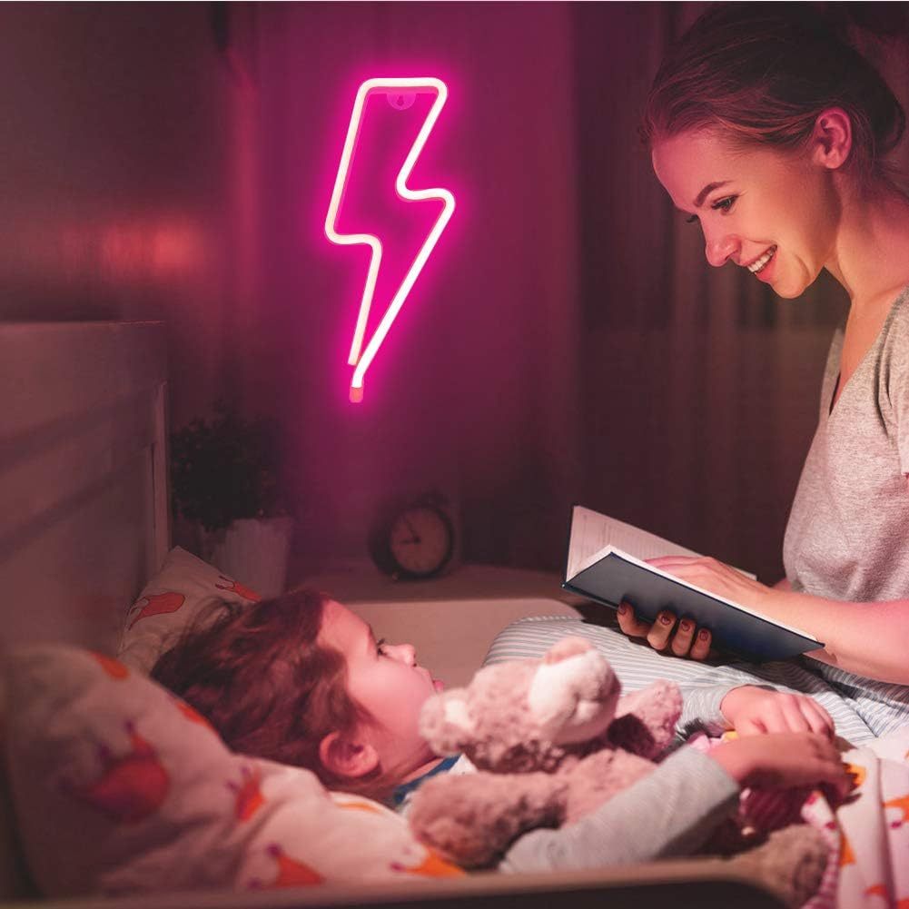 Pink Lightning Bolt LED Neon Sign USB Battery Wall Light Bedroom Gaming Room Decor