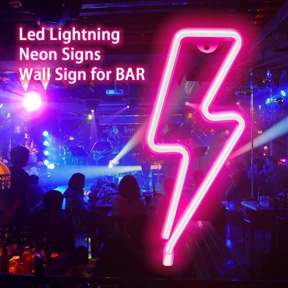 Pink Lightning Bolt LED Neon Sign USB Battery Wall Light Bedroom Gaming Room Decor