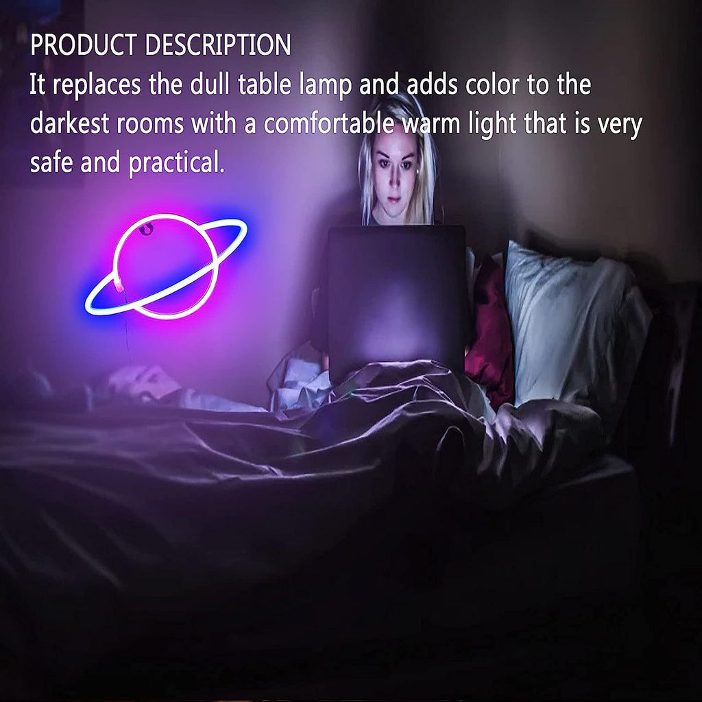 Planet Neon Sign Pink Blue LED Bedroom Wall Light USB Battery
