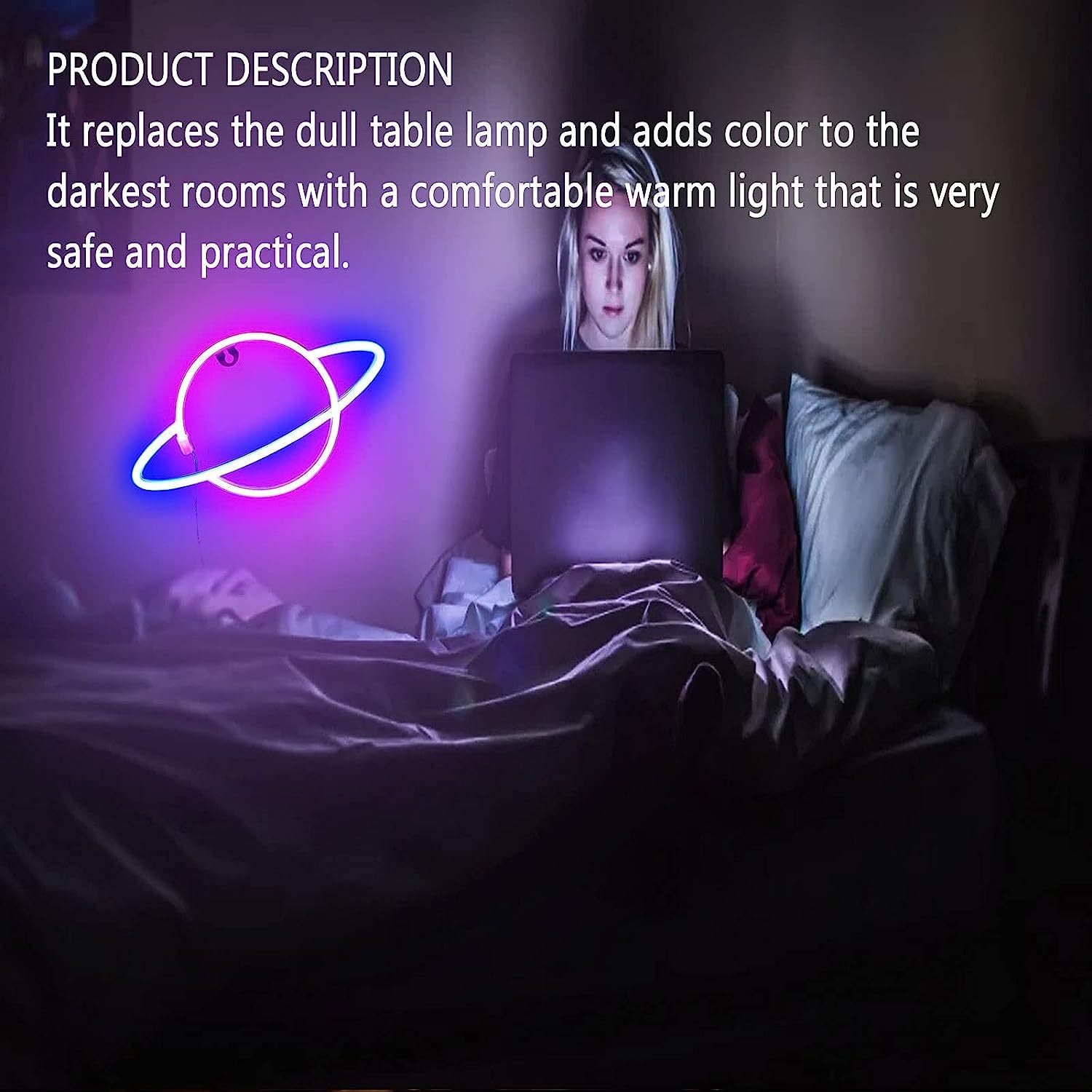Planet Neon Sign Pink Blue LED Bedroom Wall Light USB Battery