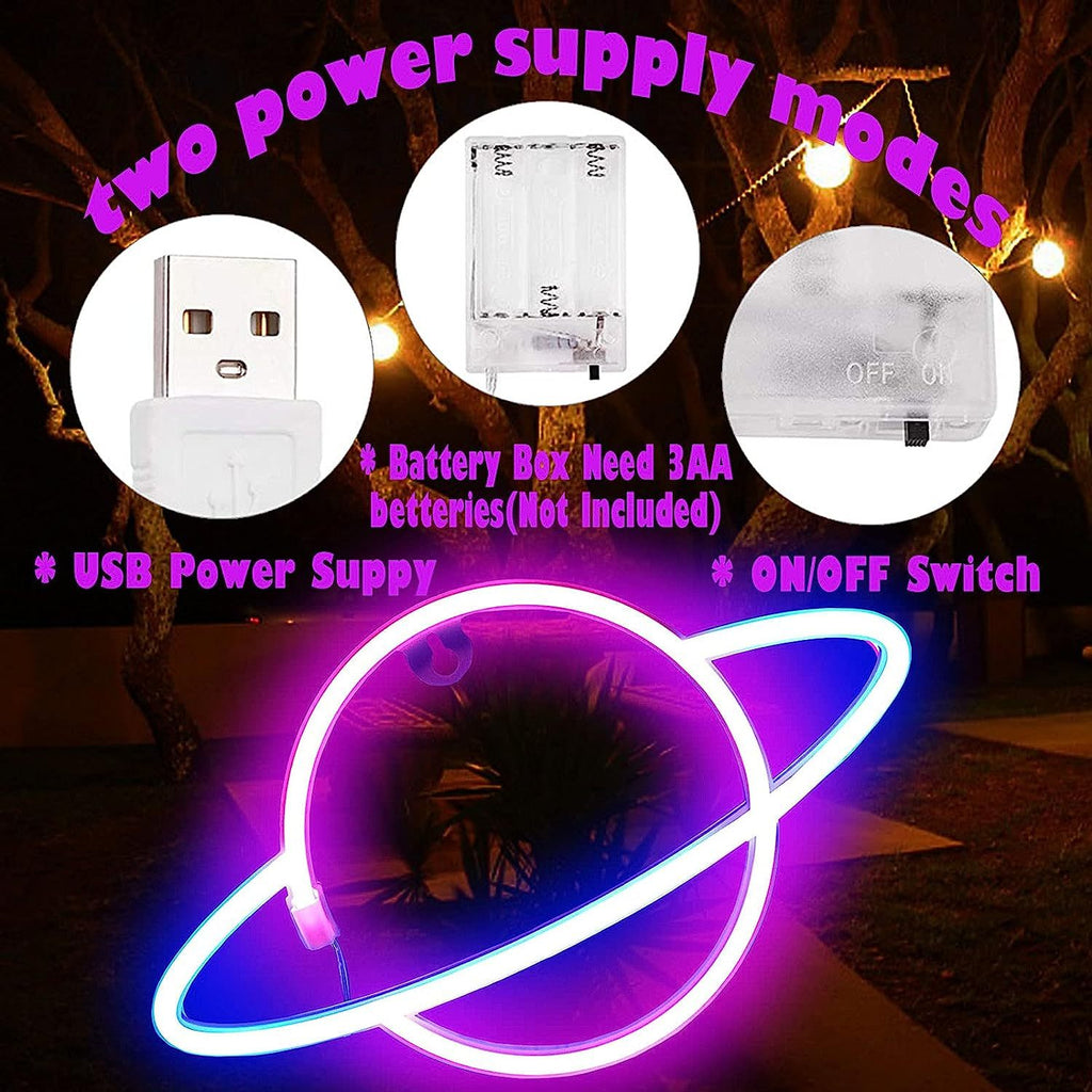 Planet Neon Sign Pink Blue LED Bedroom Wall Light USB Battery