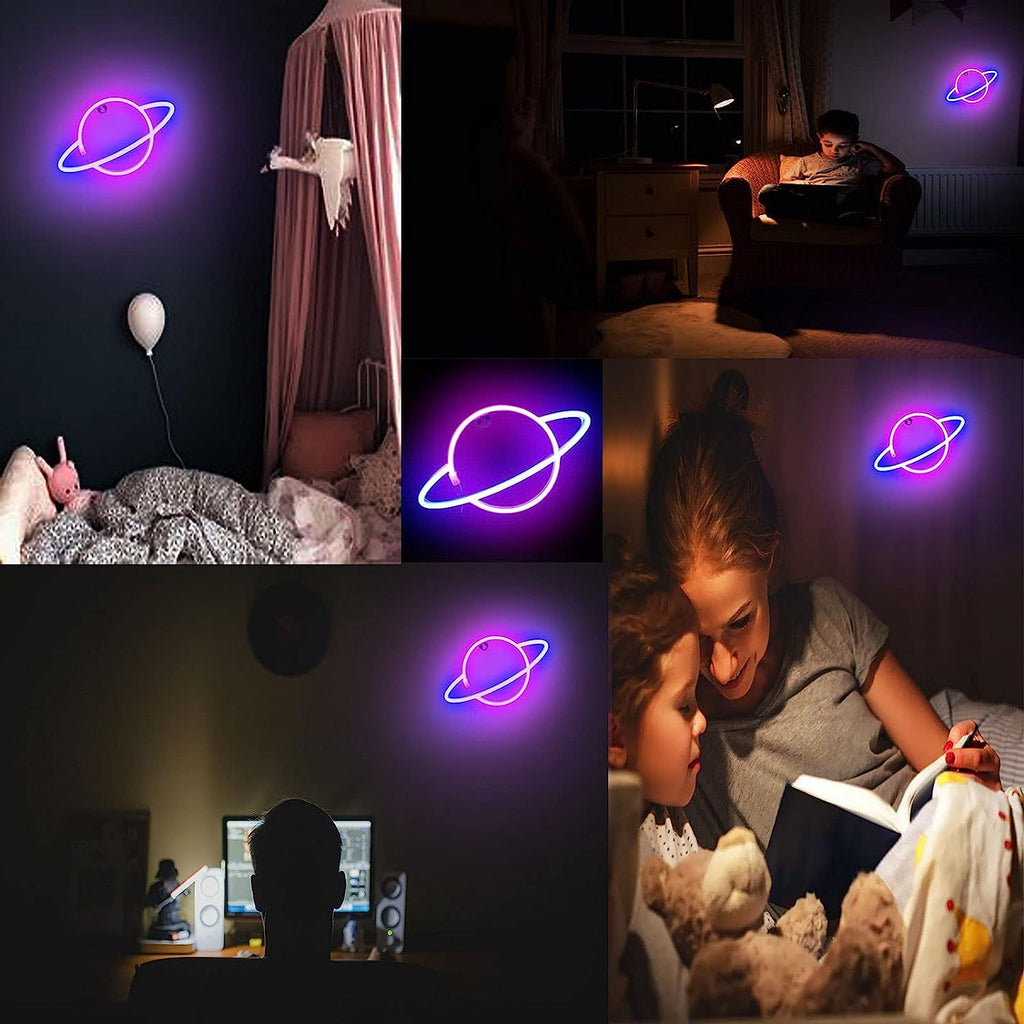 Planet Neon Sign Pink Blue LED Bedroom Wall Light USB Battery