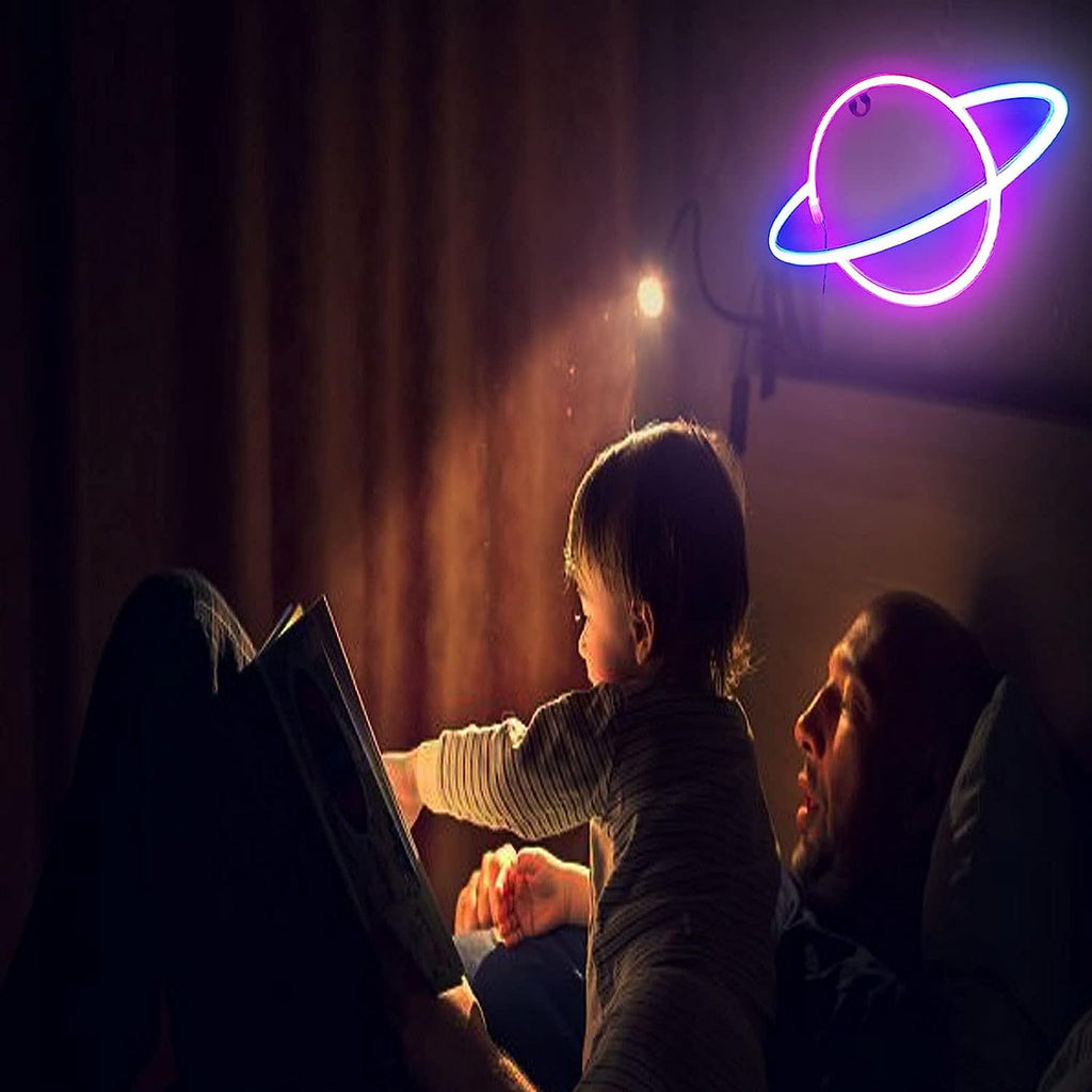 Planet Neon Sign Pink Blue LED Bedroom Wall Light USB Battery