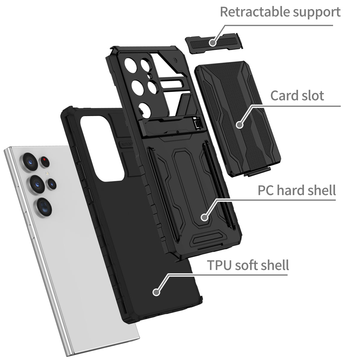 Samsung S24 Ultra Heavy Duty Kickstand Case Shockproof Card Holder BLACK