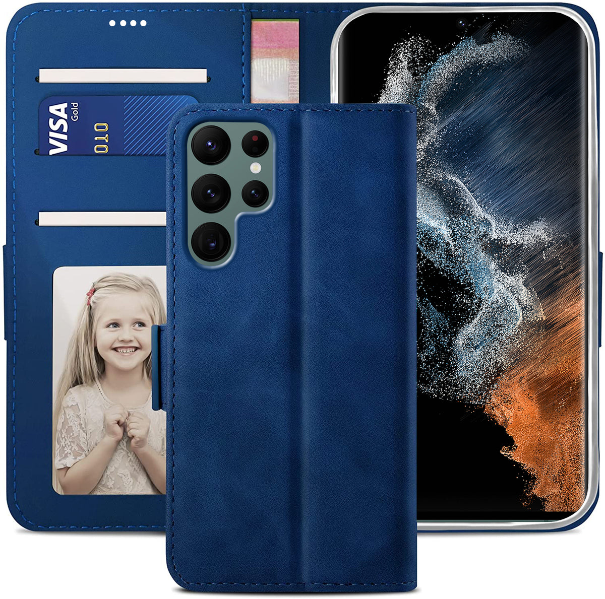 Samsung Galaxy S22 Ultra Wallet Case Shockproof Full Body Protective Card Cover BLUE