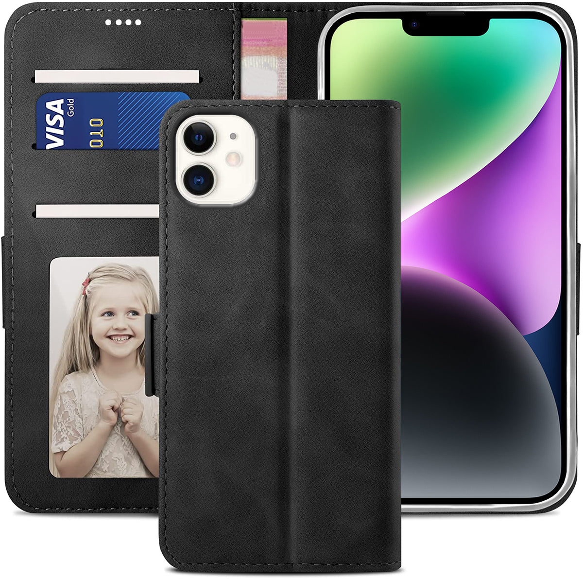 iPhone 12 Wallet Case Shockproof Full Body Protective Card Cover BLACK