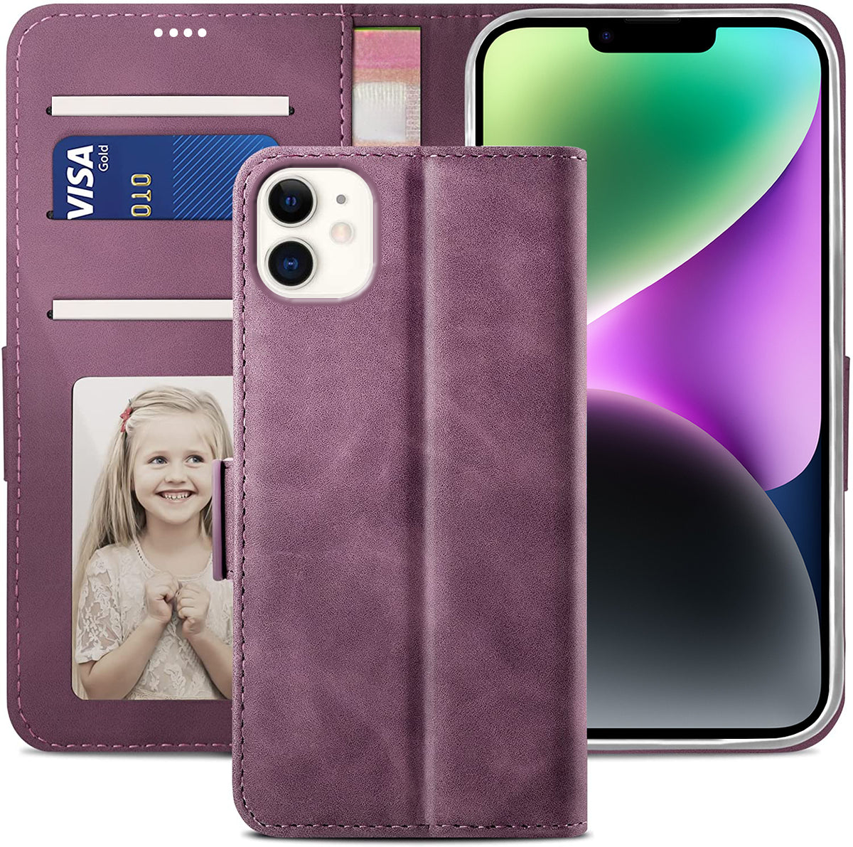 iPhone 11 Wallet Case Shockproof Full Body Protective Card Cover WINE RED