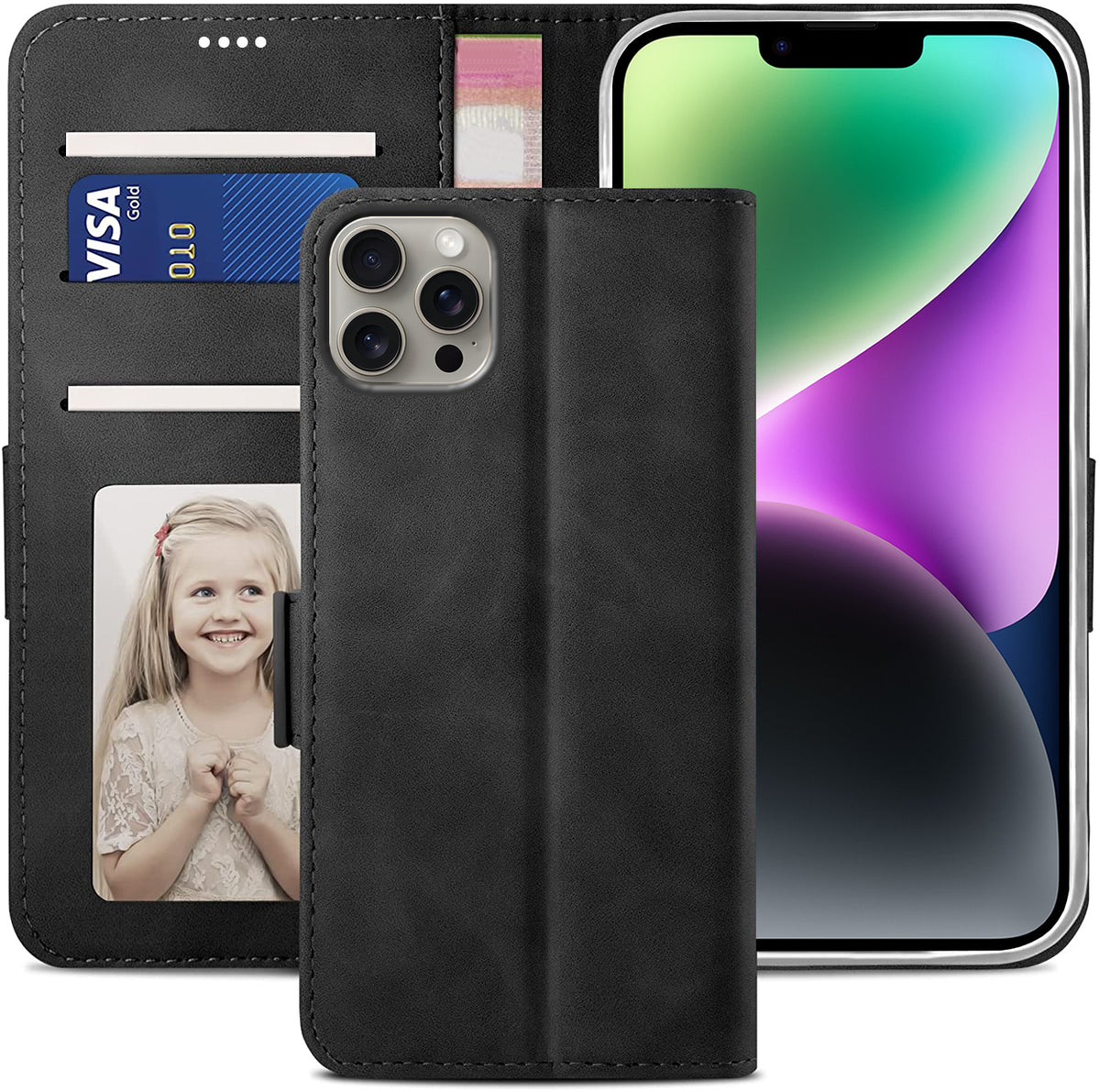 iPhone 13 Pro Max Wallet Case Shockproof Full Body Protective Card Cover BLACK