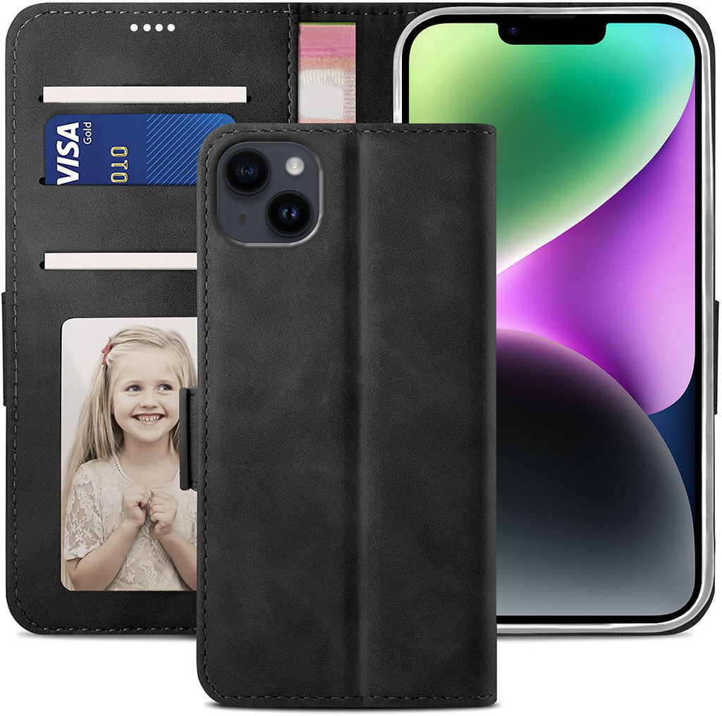 iPhone 15 Plus Wallet Case Shockproof Full Body Protective Card Cover BLACK
