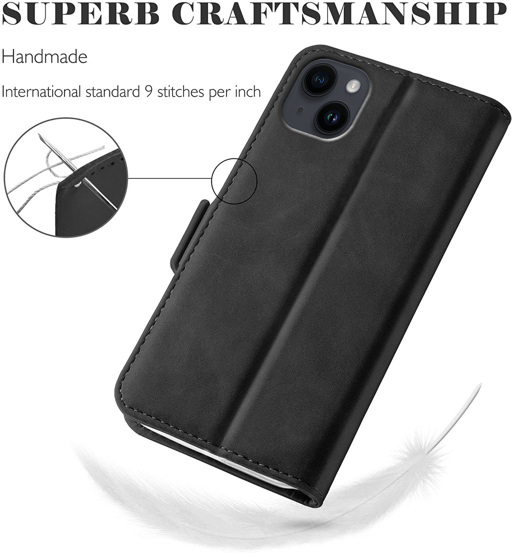iPhone 15 Plus Wallet Case Shockproof Full Body Protective Card Cover BLACK