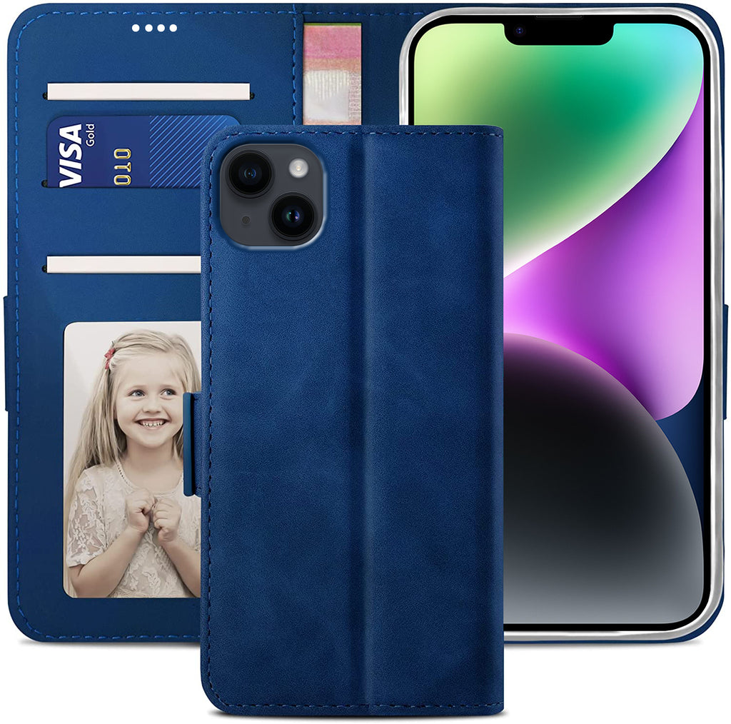 iPhone 14 Plus Wallet Case Shockproof Full Body Protective Card Cover BLUE