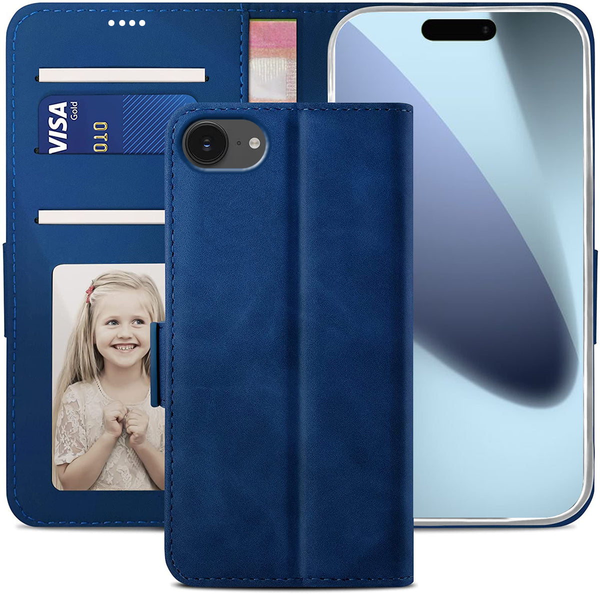 iPhone 16e Wallet Case Shockproof Full Body Protective Card Cover BLUE