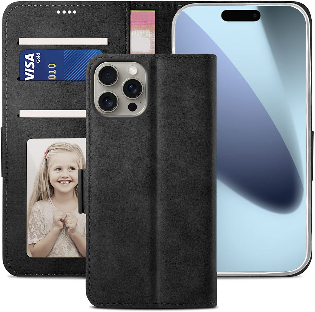 iPhone 14 Pro Max Wallet Case Shockproof Full Body Protective Card Cover BLACK