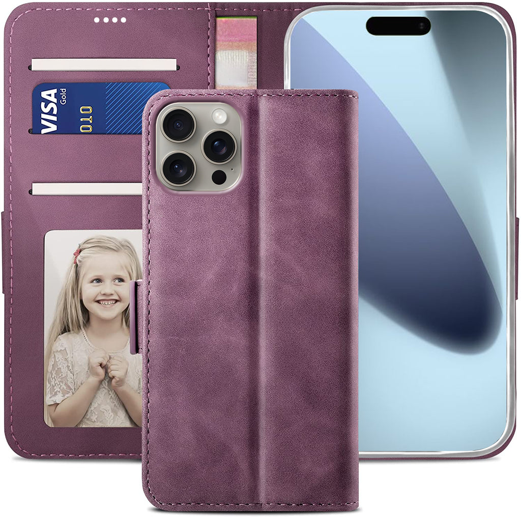 iPhone 14 Pro Max Wallet Case Shockproof Full Body Protective Card Cover WINE RED