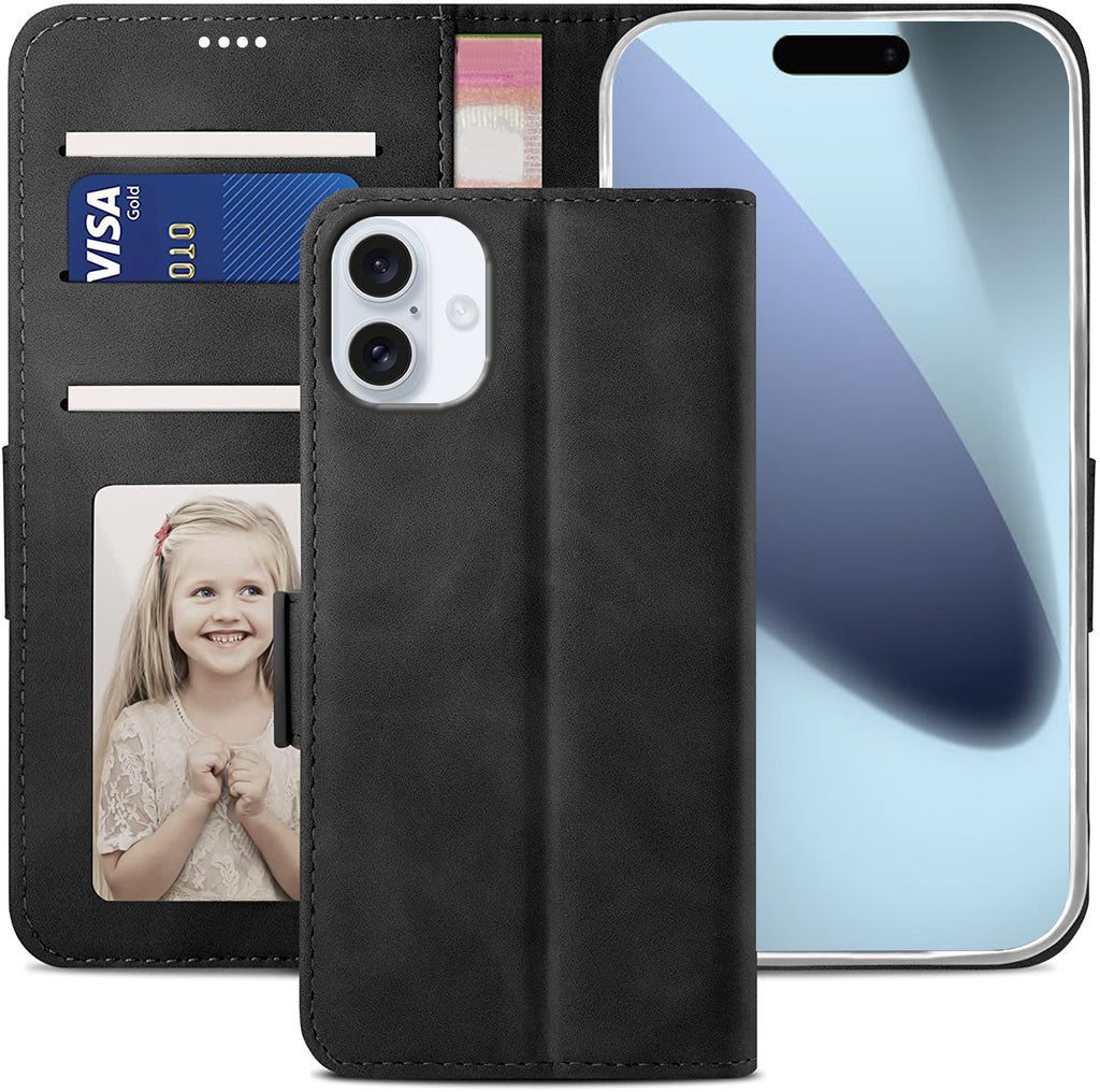 iPhone 16 Wallet Case Shockproof Full Body Protective Card Cover BLACK