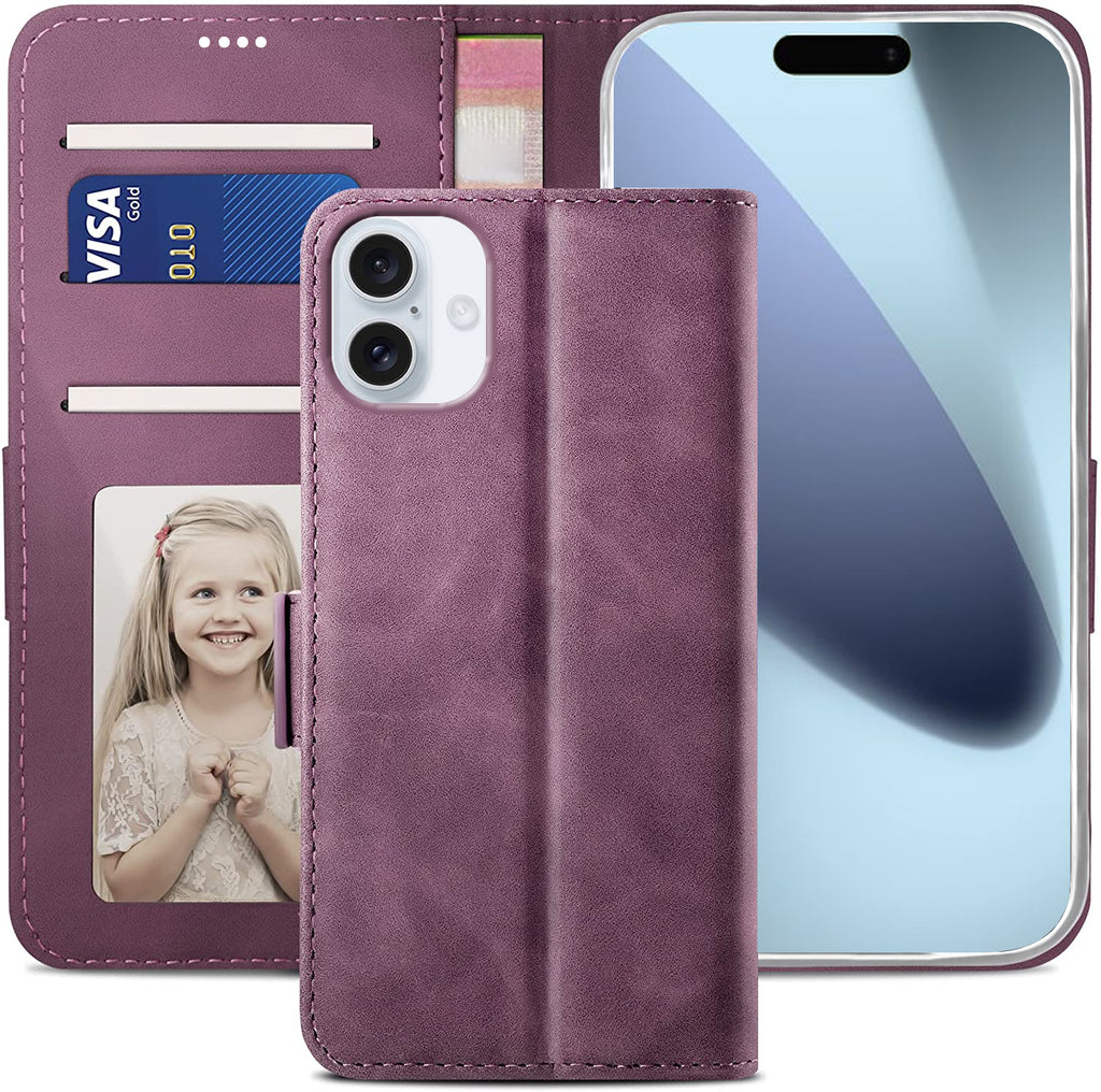 iPhone 16 Plus Wallet Case Shockproof Full Body Protective Card Cover WINE RED