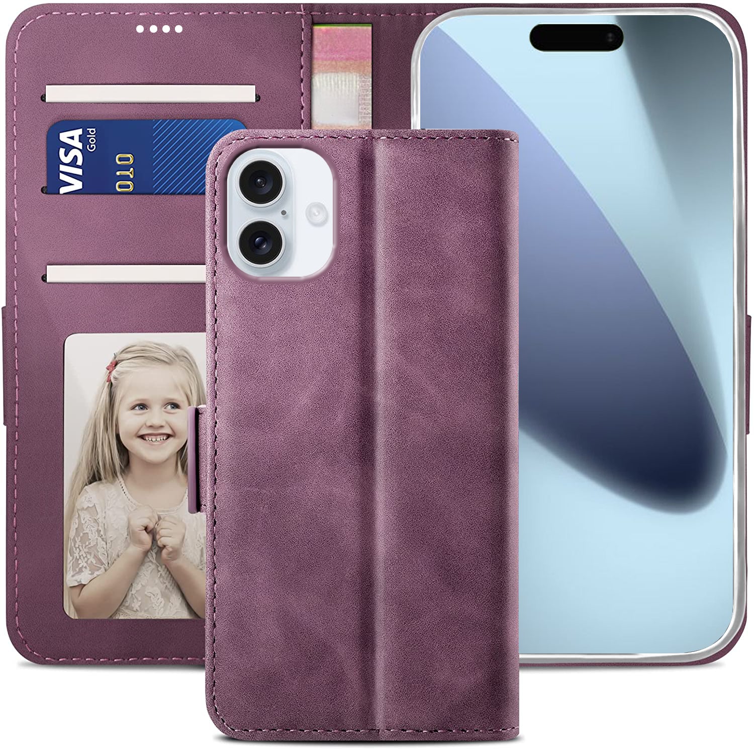iPhone 16 Plus Wallet Case Shockproof Full Body Protective Card Cover WINE RED