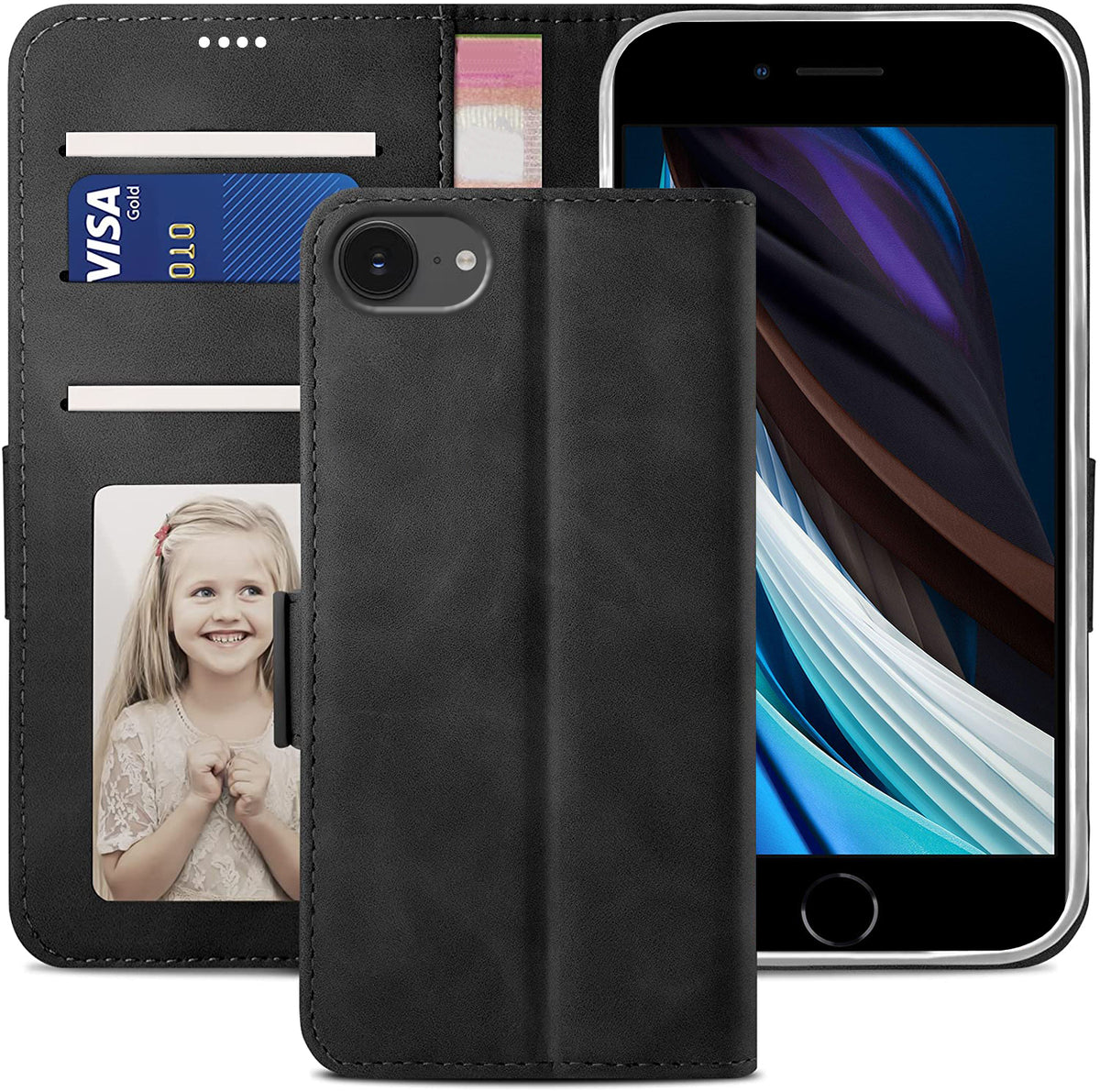iPhone SE Wallet Case Shockproof Full Body Protective Card Cover BLACK