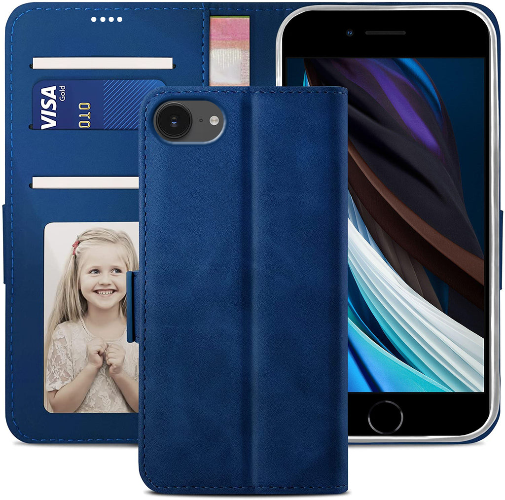 iPhone SE Wallet Case Shockproof Full Body Protective Card Cover BLUE