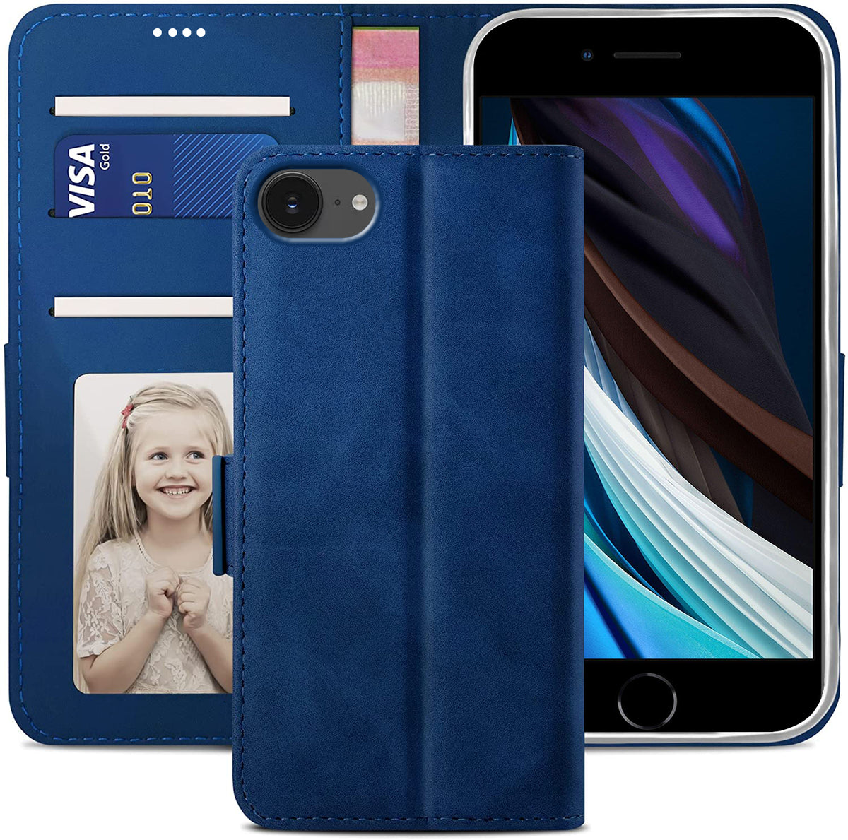 iPhone SE Wallet Case Shockproof Full Body Protective Card Cover BLUE
