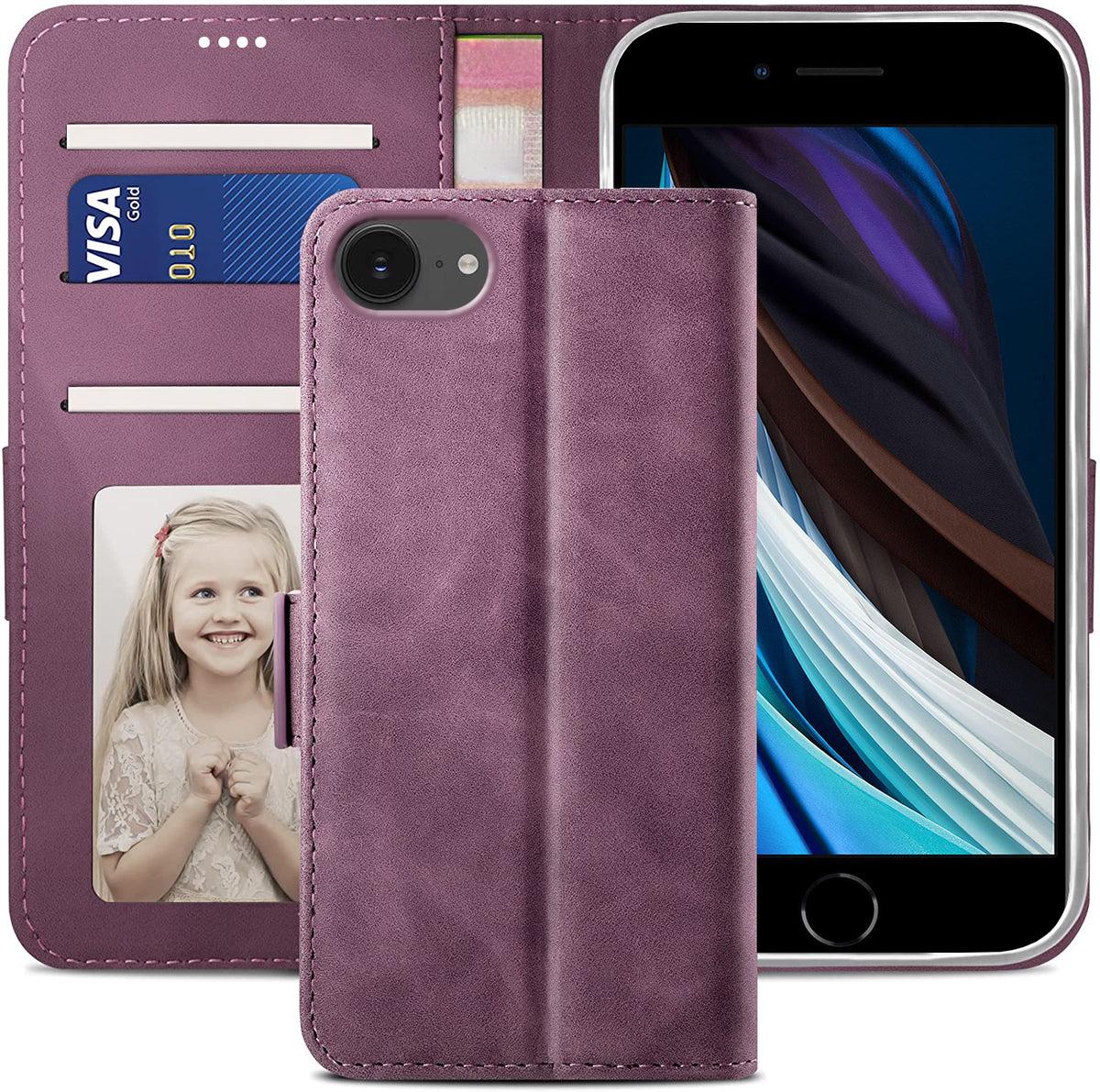 iPhone SE Wallet Case Shockproof Full Body Protective Card Cover WINE RED