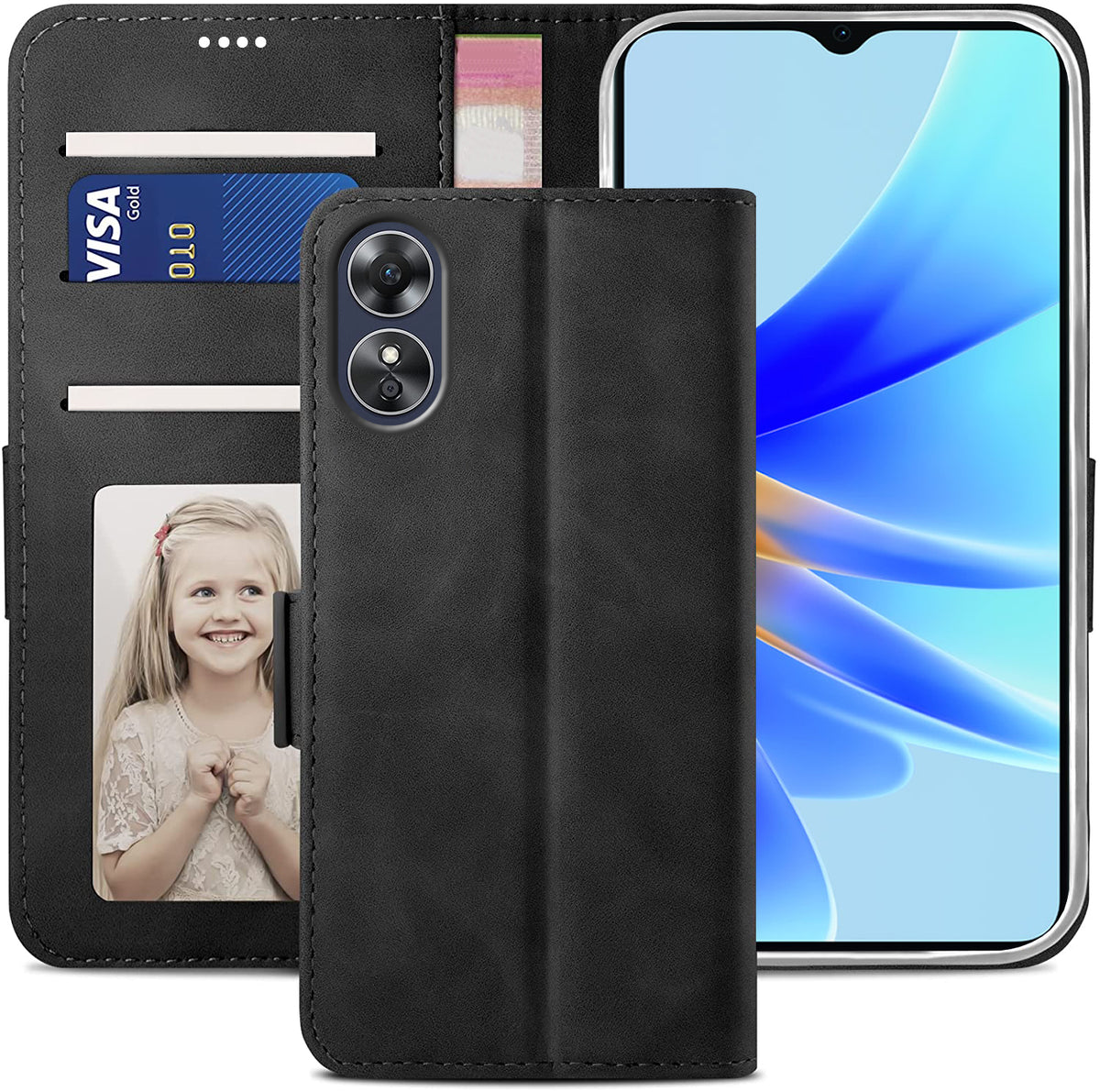 Oppo A38 Wallet Case Shockproof Full Body Protective Card Cover BLACK