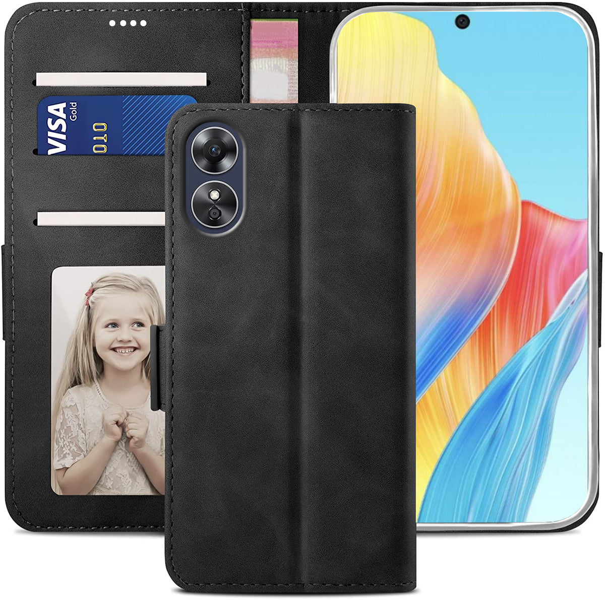 Oppo A98 5G Wallet Case Shockproof Full Body Protective Card Cover BLACK