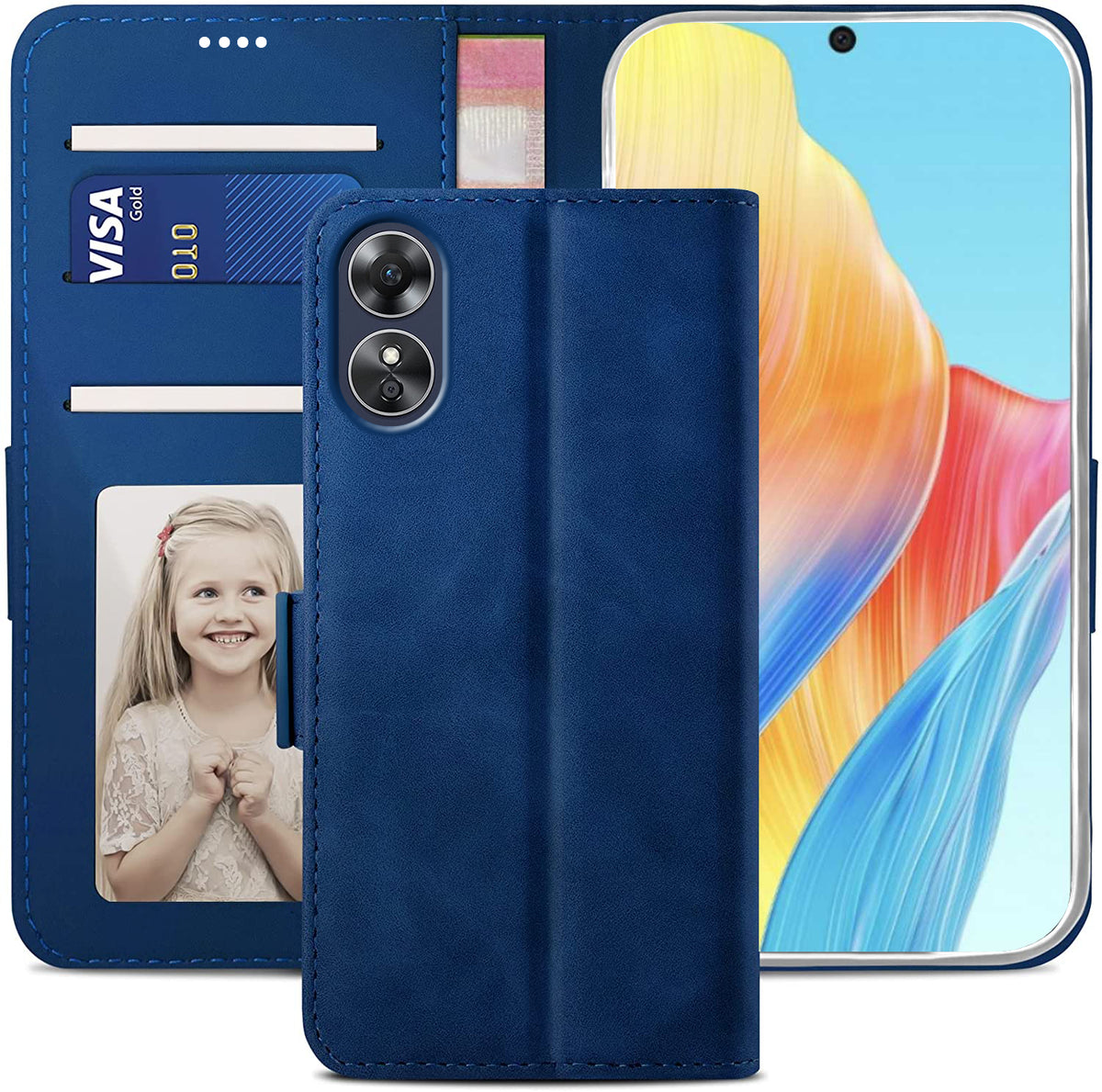 Oppo A58 4G Wallet Case Shockproof Full Body Protective Card Cover BLUE