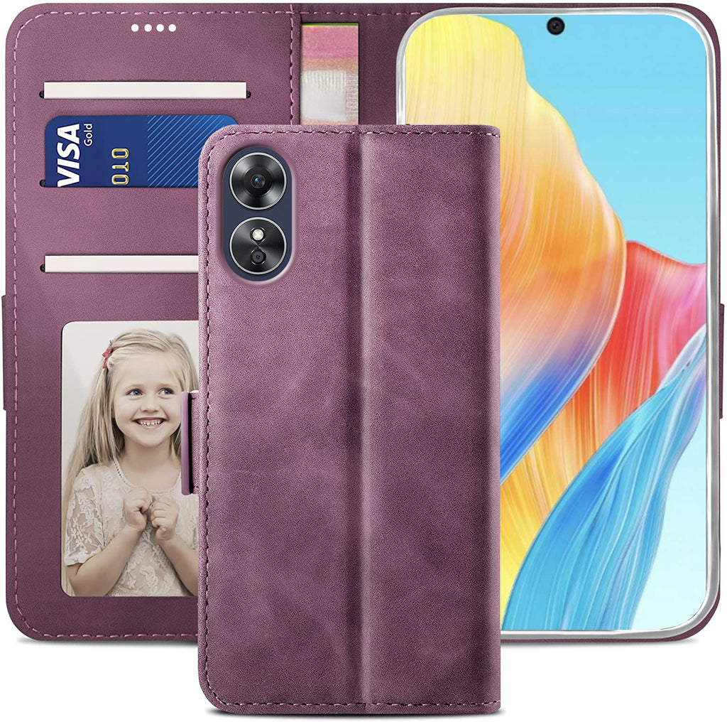 Oppo A58 4G Wallet Case Shockproof Full Body Protective Card Cover WINE RED