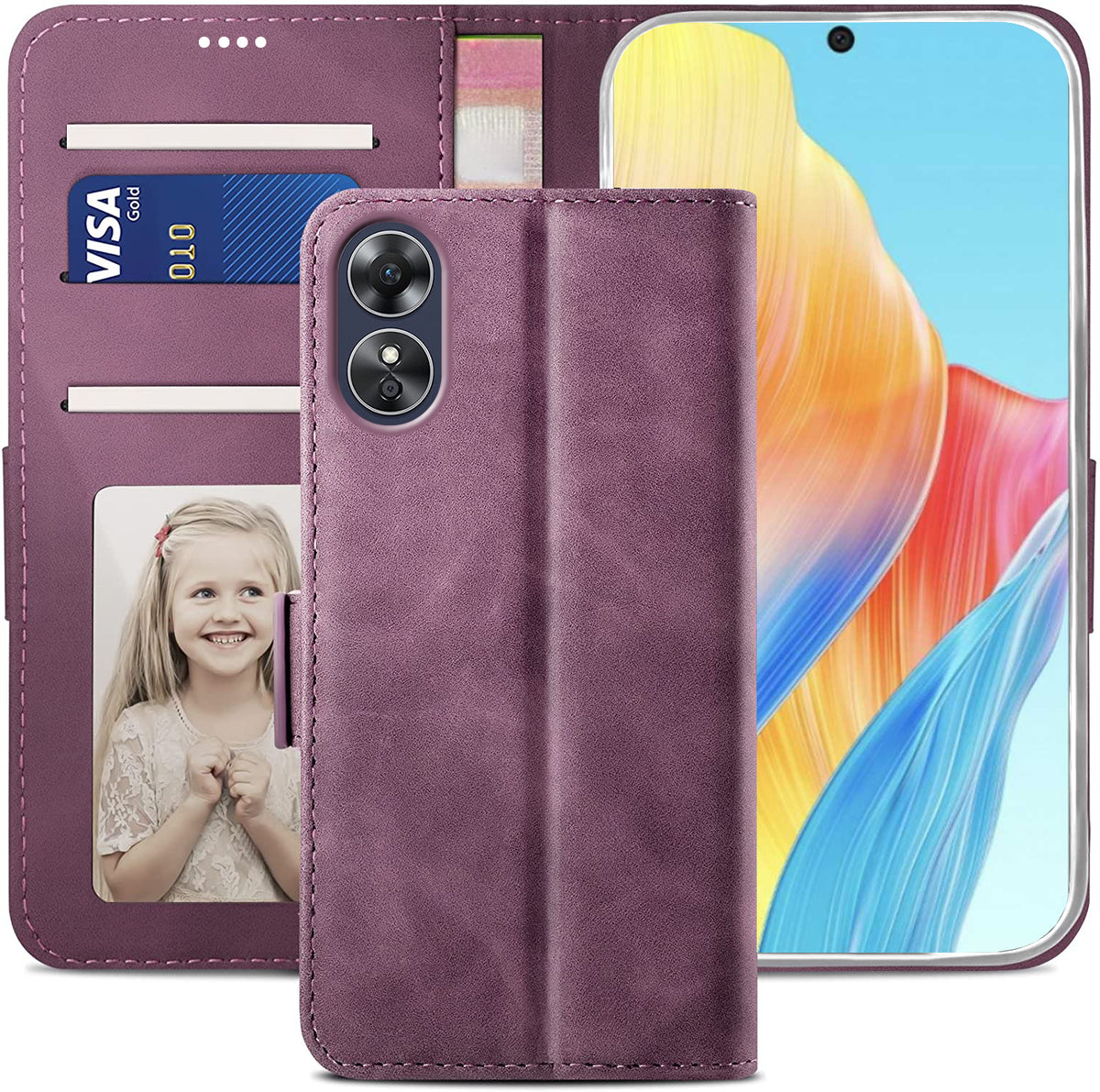 Oppo A58 4G Wallet Case Shockproof Full Body Protective Card Cover WINE RED