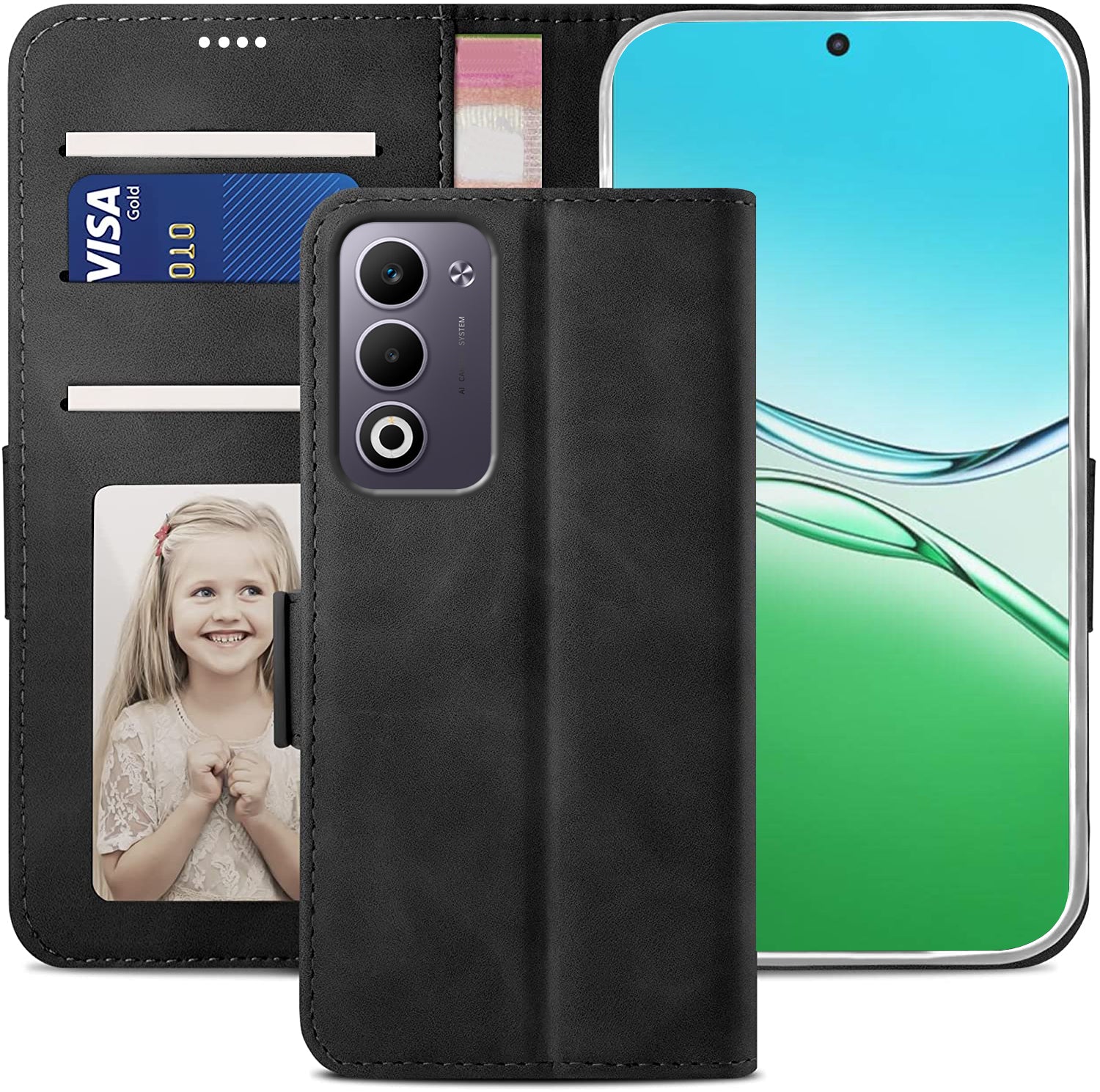Oppo A5 2025 Wallet Case Shockproof Full Body Protective Card Cover BLACK