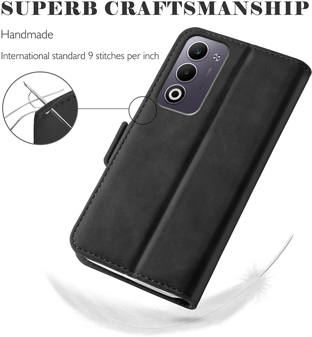 Oppo A5 2025 Wallet Case Shockproof Full Body Protective Card Cover BLACK