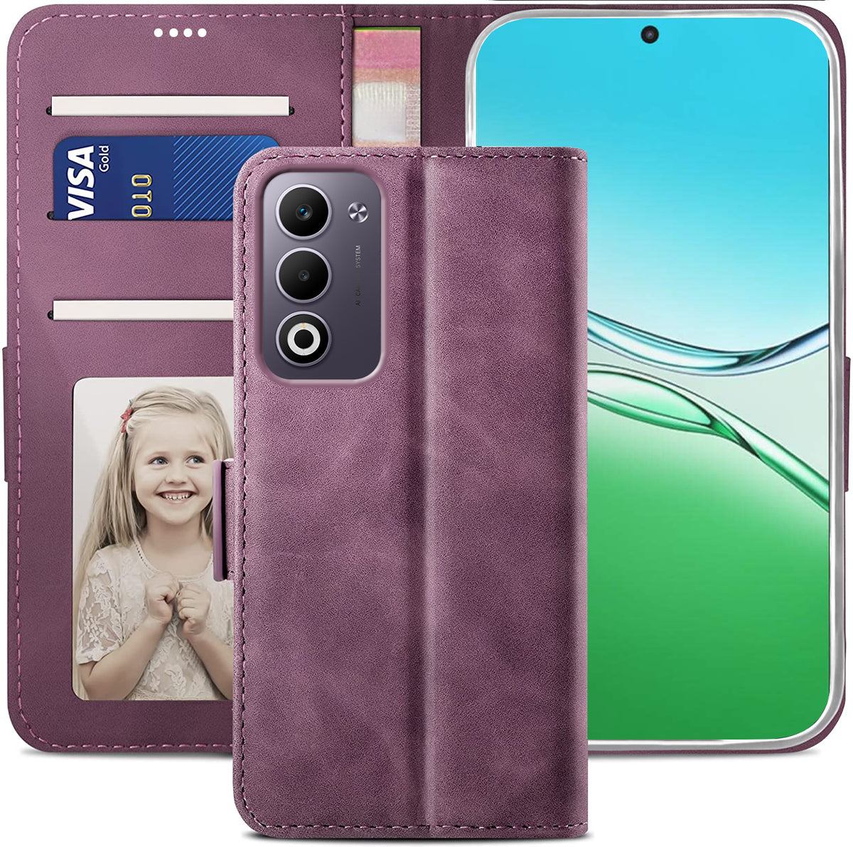 Oppo A5 2025 Wallet Case Shockproof Full Body Protective Card Cover WINE RED