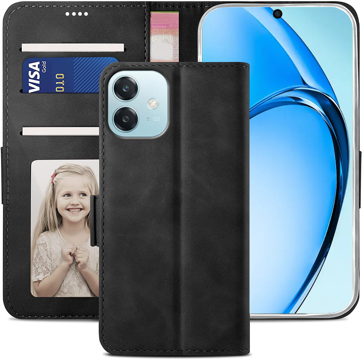 Oppo A60 5G Wallet Case Shockproof Full Body Protective Card Cover BLACK