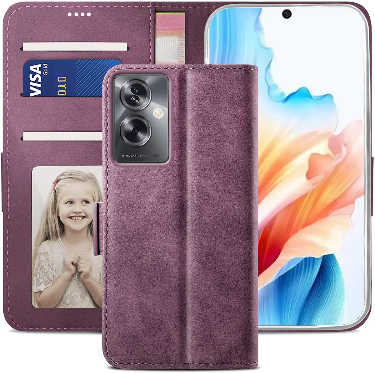 Oppo A79 Wallet Case Shockproof Full Body Protective Card Cover WINE RED