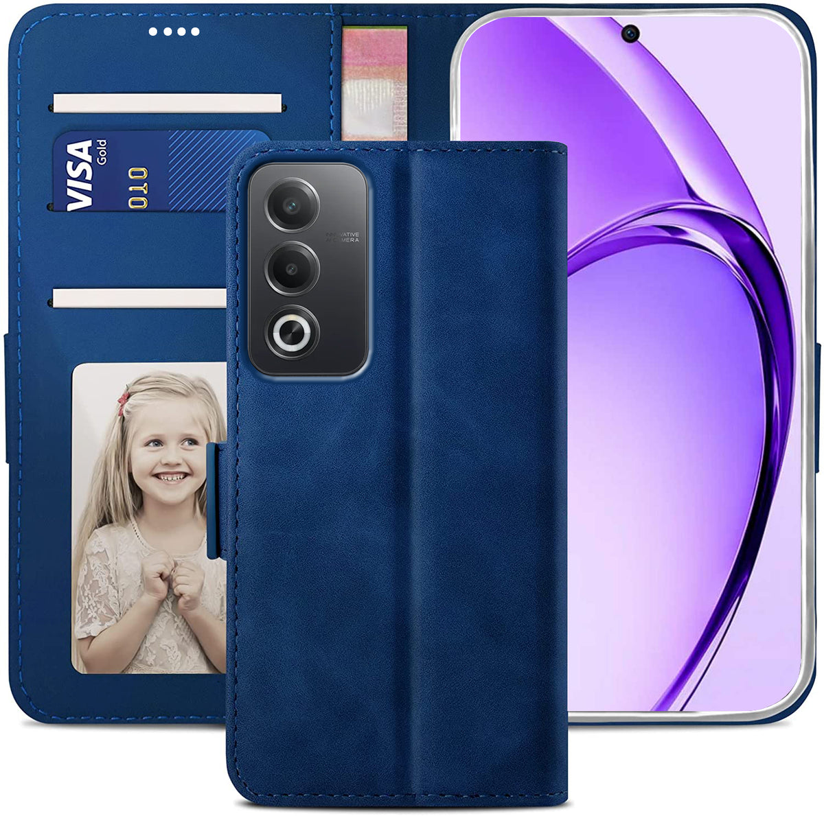 Oppo A80 Wallet Case Shockproof Full Body Protective Card Cover BLUE