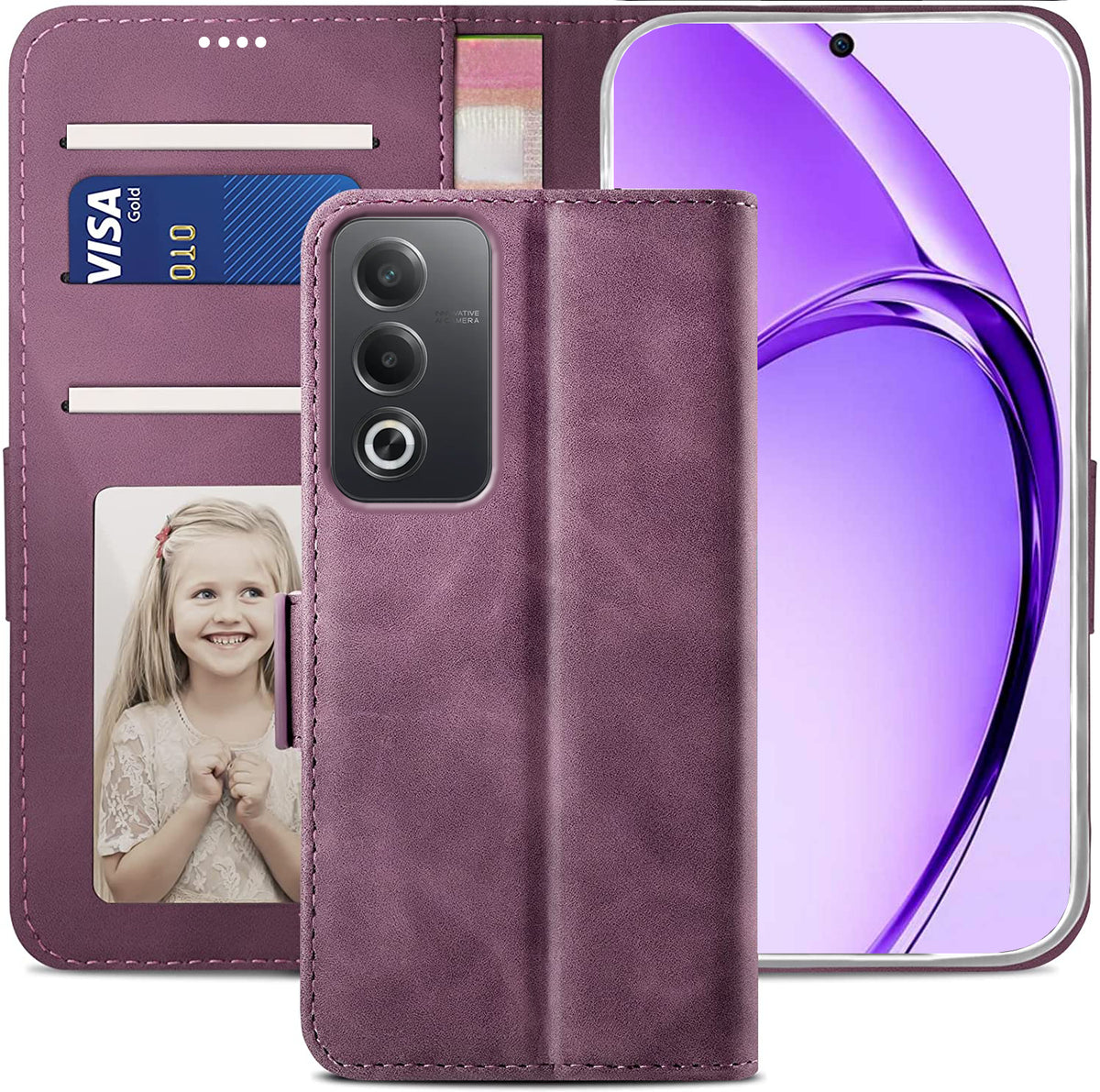 Oppo A80 Wallet Case Shockproof Full Body Protective Card Cover WINE RED