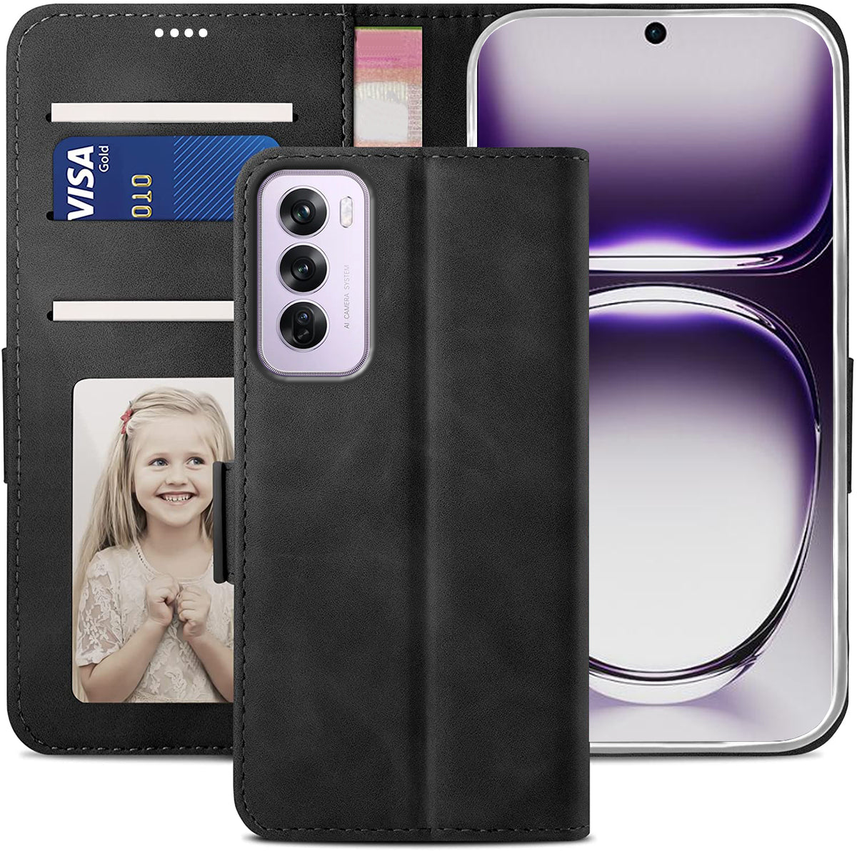 Oppo Reno 12 Wallet Case Shockproof Full Body Protective Card Cover BLACK