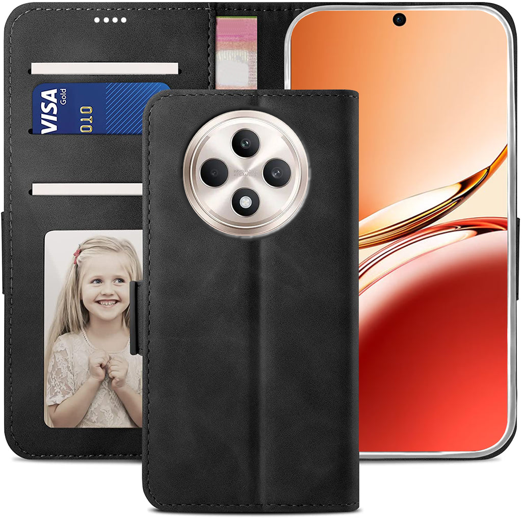 Oppo Reno 12 F Wallet Case Shockproof Full Body Protective Card Cover BLACK