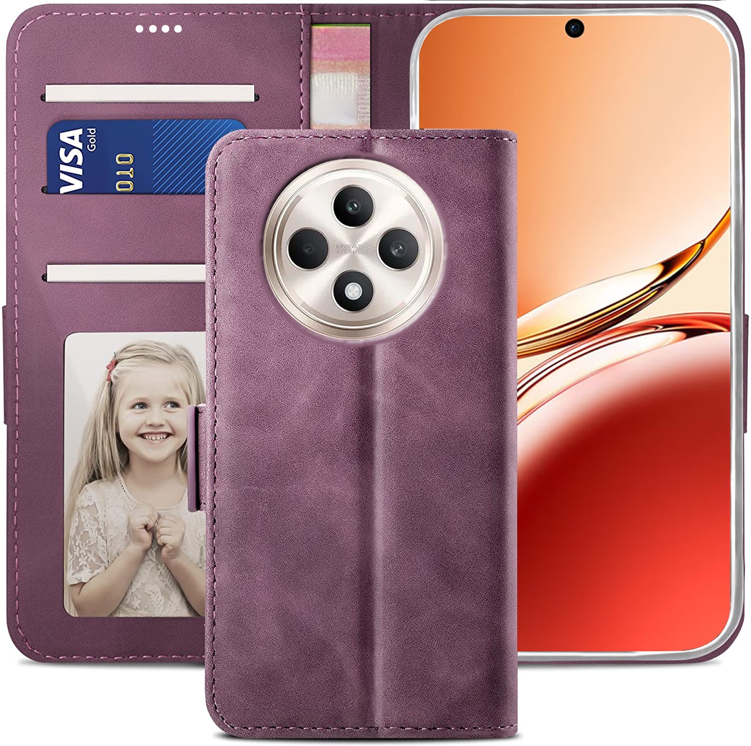 Oppo Reno 12 F Wallet Case Shockproof Full Body Protective Card Cover WINE RED