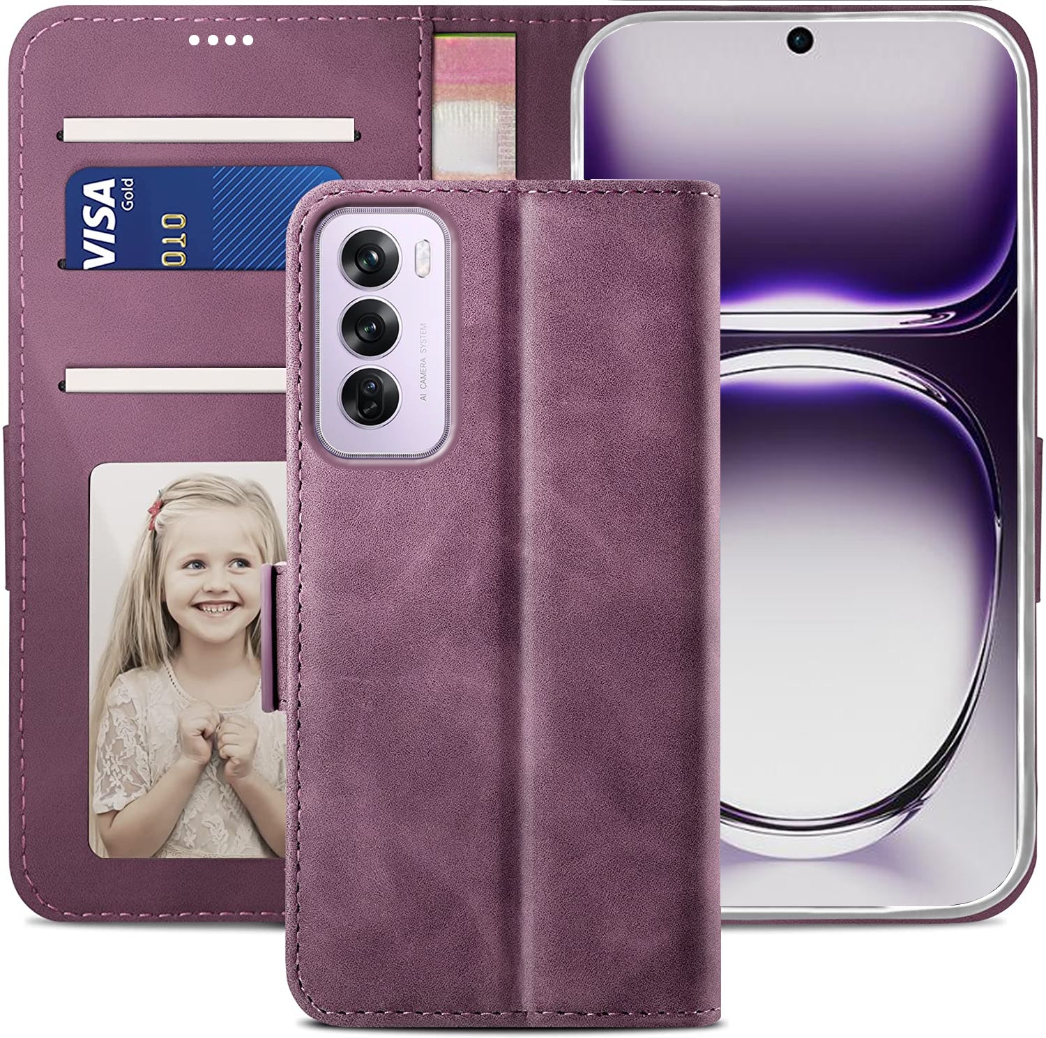 Oppo Reno 12 Wallet Case Shockproof Full Body Protective Card Cover WINE RED