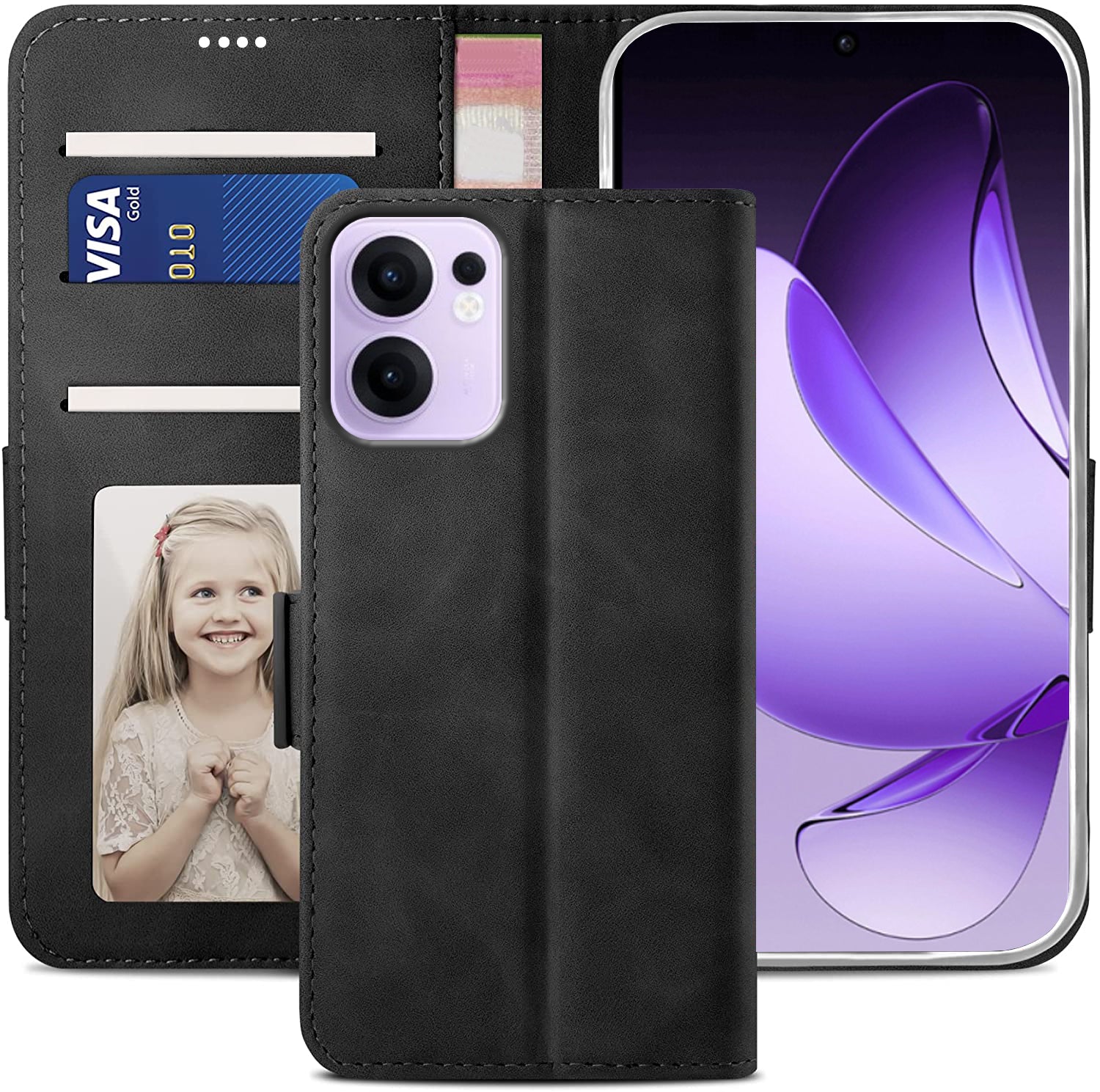 Oppo Reno 13F Wallet Case Shockproof Full Body Protective Card Cover BLACK