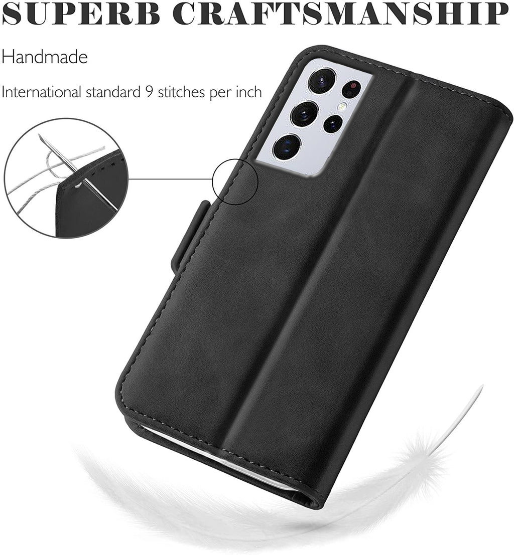 Samsung S21 Ultra Wallet Case Shockproof Full Body Protective Card Cover BLACK